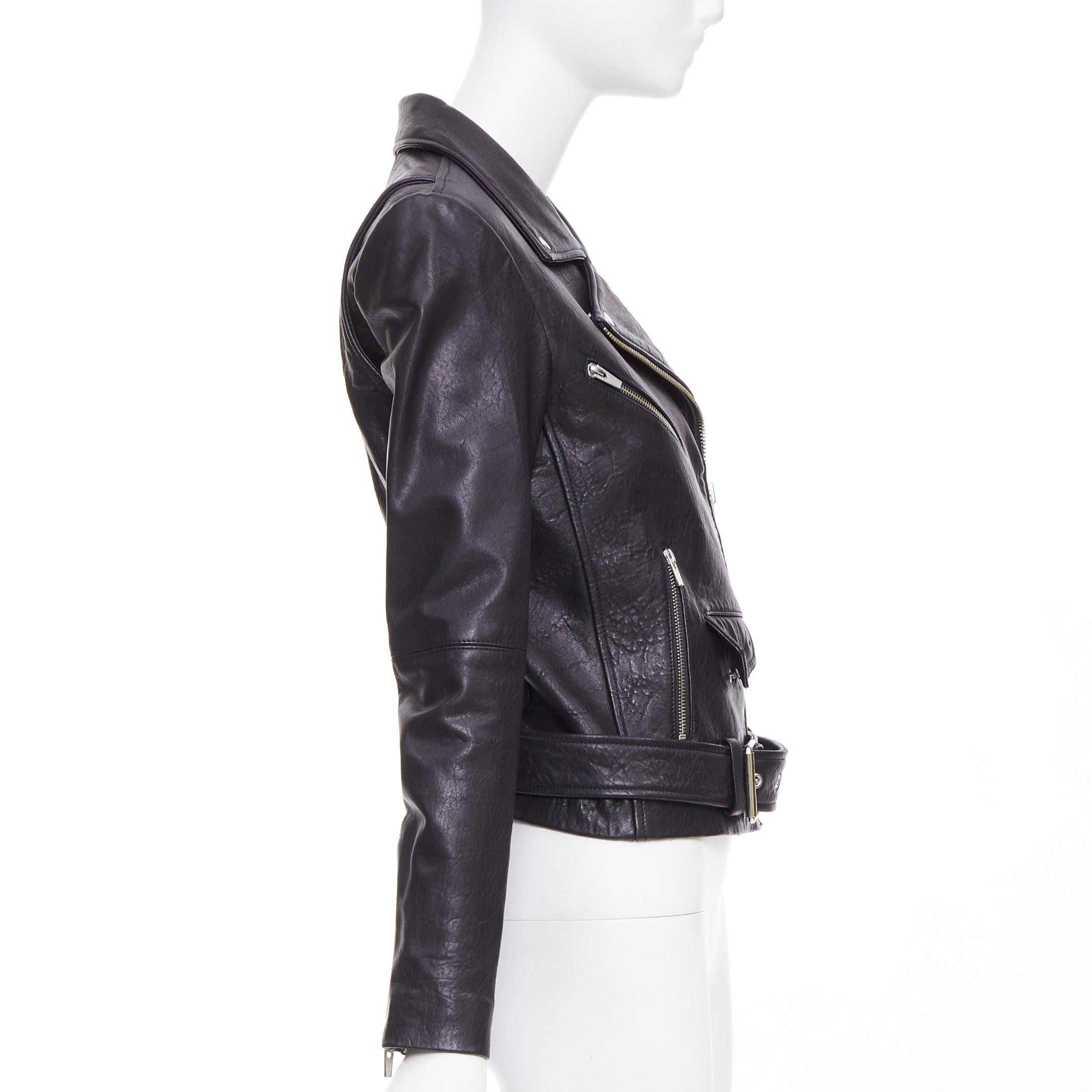 Donna VEDA giacca biker con zip in pelle di agnello nera e hardware argento XS in vendita