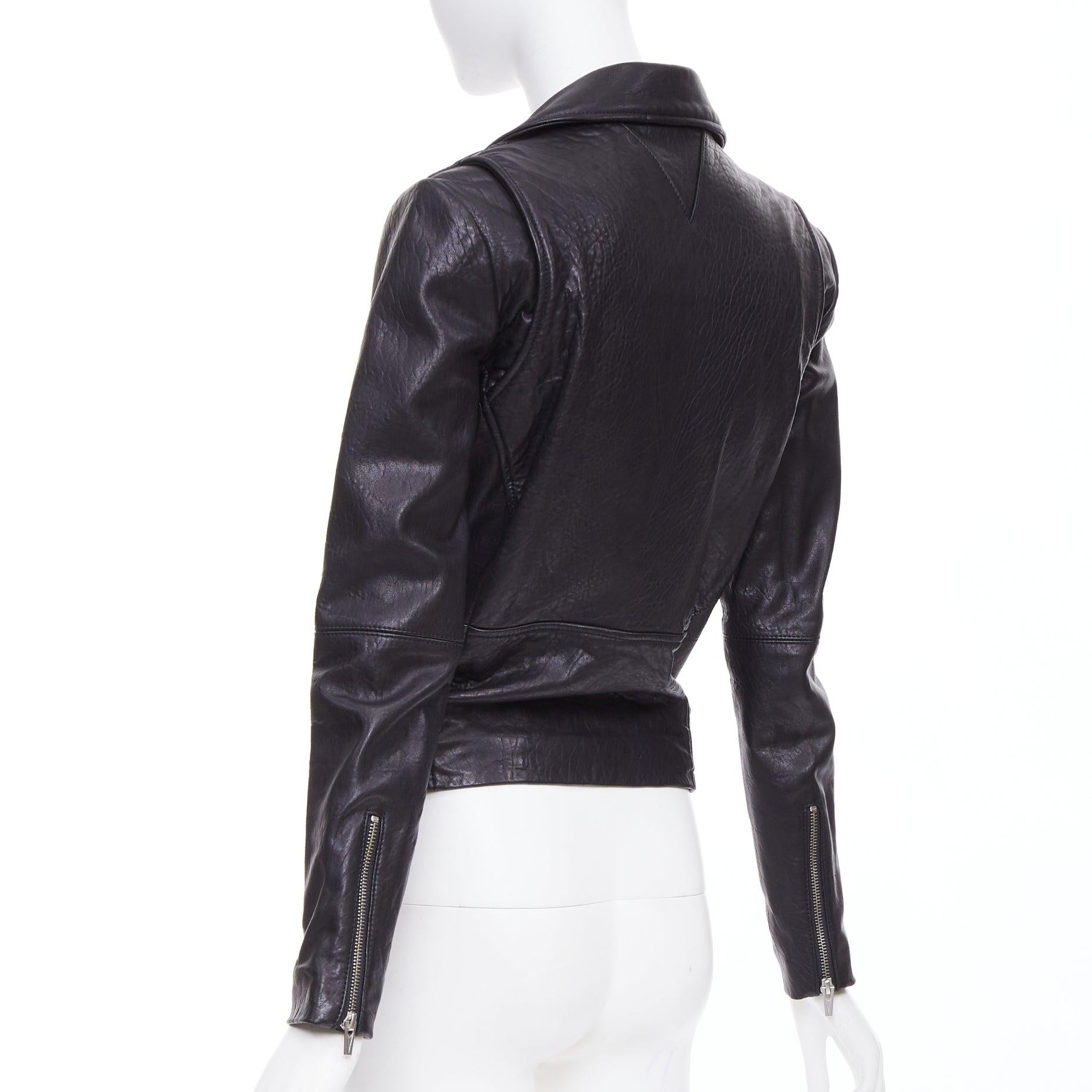 VEDA giacca biker con zip in pelle di agnello nera e hardware argento XS in vendita 1