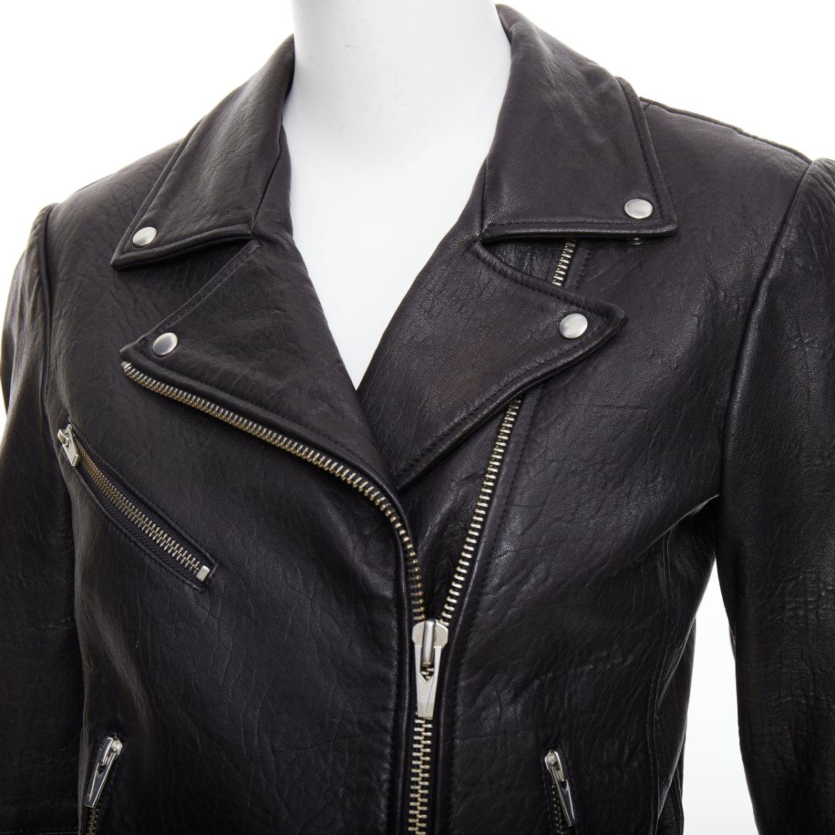 VEDA giacca biker con zip in pelle di agnello nera e hardware argento XS in vendita 3