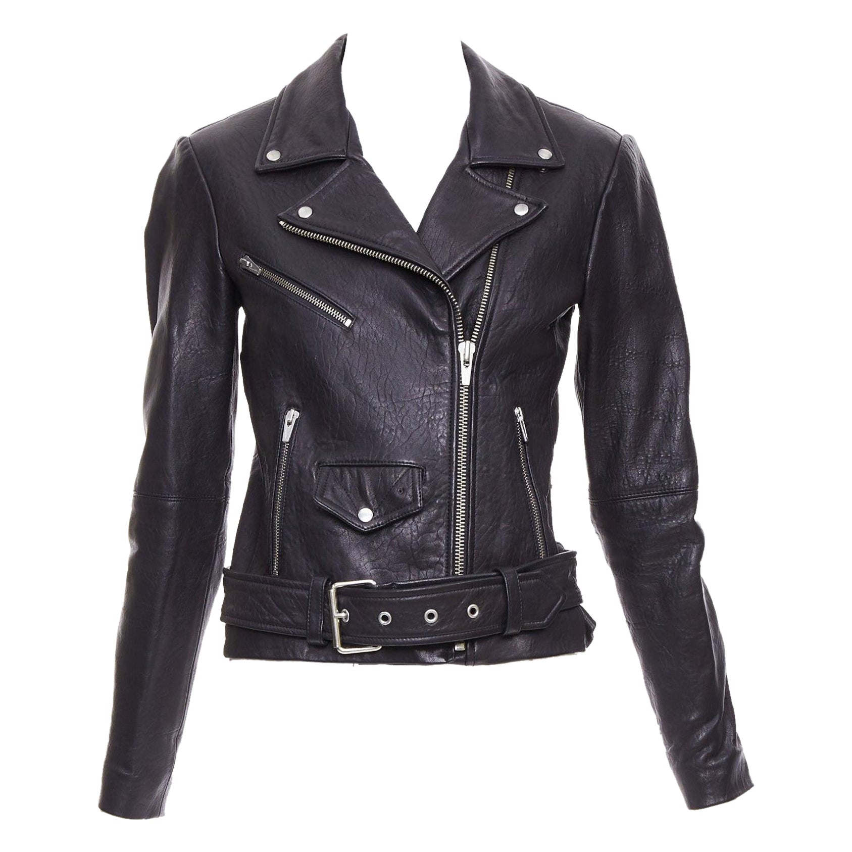 VEDA giacca biker con zip in pelle di agnello nera e hardware argento XS in vendita