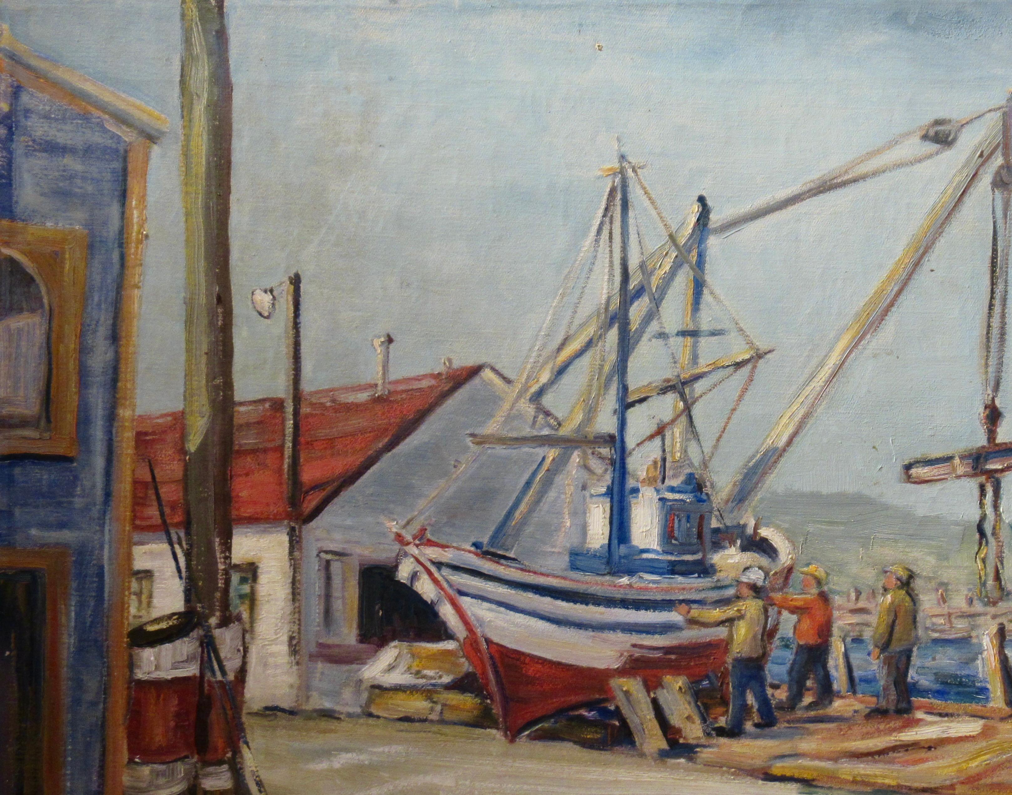 Reparaturen von Booten, Monterey Dock – Painting von Veda Fero Carnaham Dayton