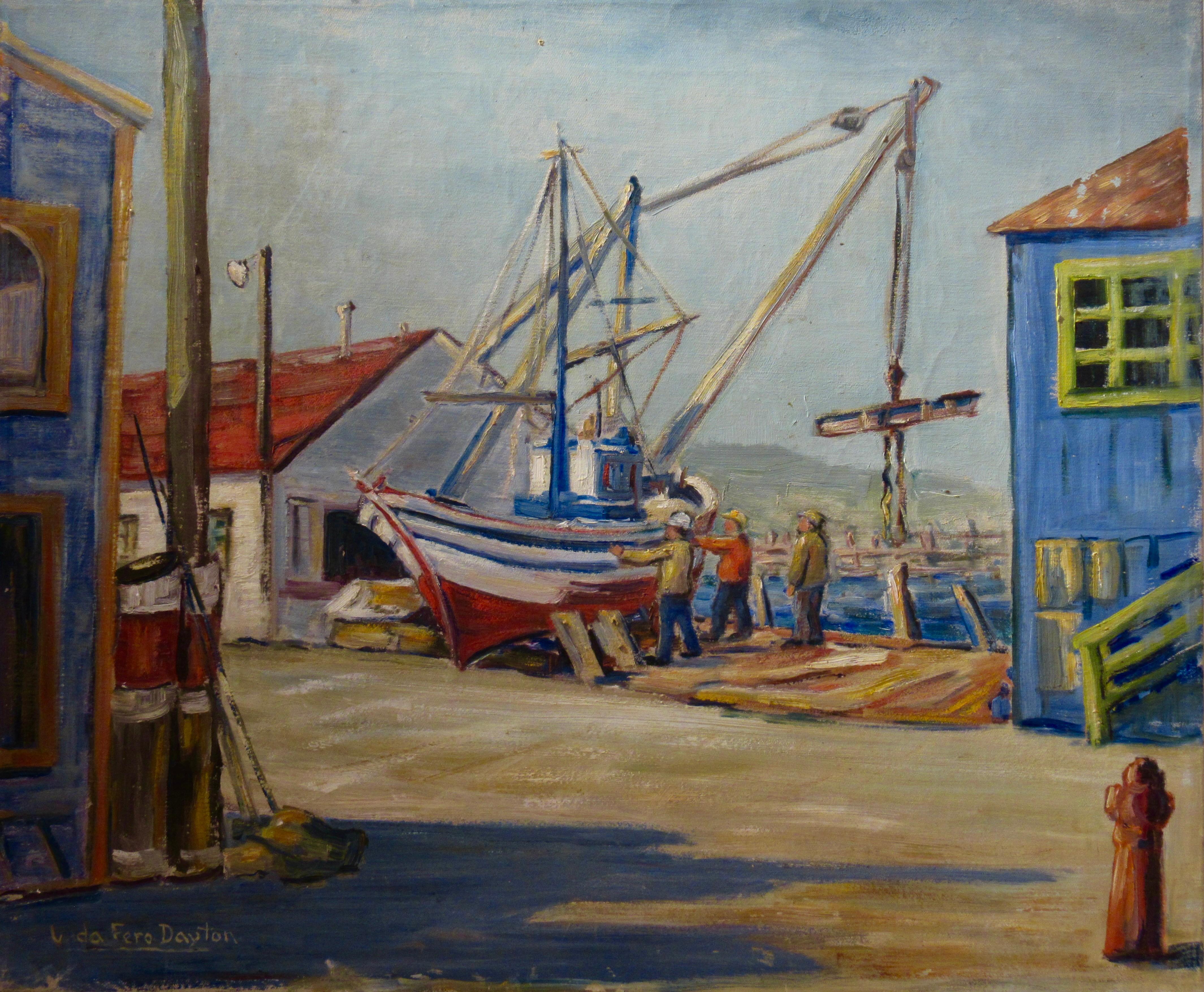 Veda Fero Carnaham Dayton Figurative Painting - Boats repairs, Monterey Dock