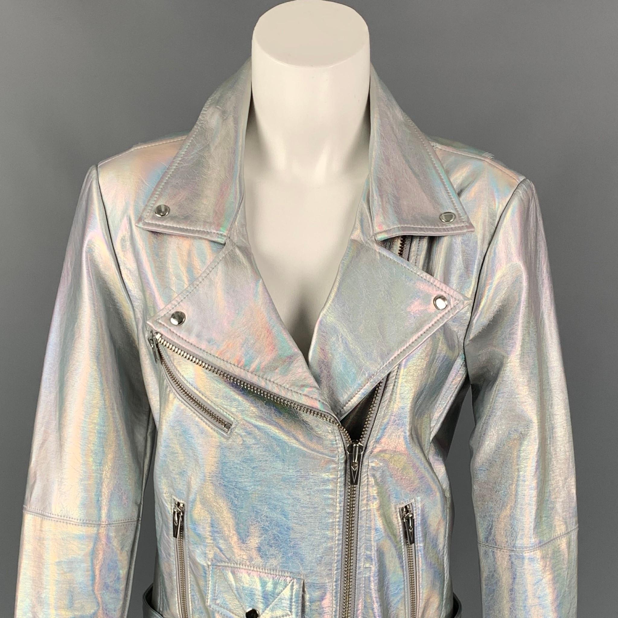 VEDA jacket comes in a silver iridescent polyurethane with a full liner featuring a biker style, front pockets, belted, snap button details, and a zip up closure. 

Very Good Pre-Owned Condition.
Marked: M

Measurements:

Shoulder: 16.5 in.
Bust: 36