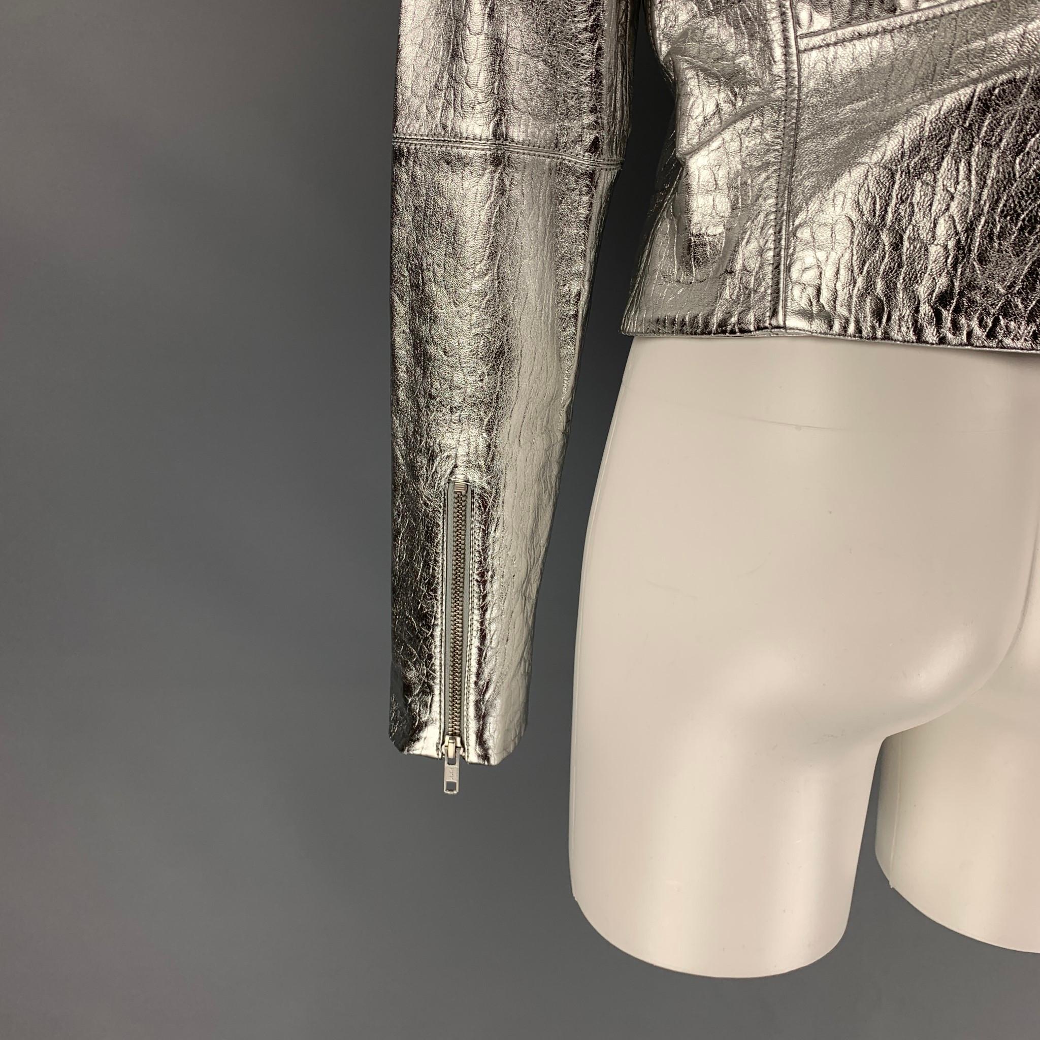 VEDA Size M Silver Leather Metallic Biker Jacket In Good Condition In San Francisco, CA