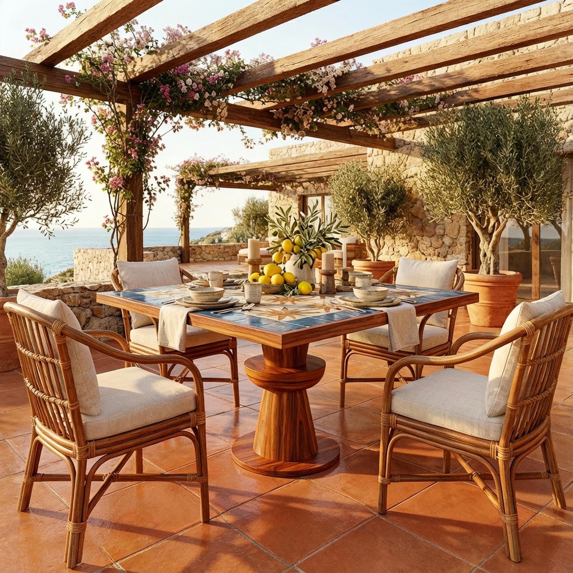 Mesa de comedor de exterior Vedrà de madera de iroko con tablero de baldosas cerámicas Sun Siglo XXI y contemporáneo en venta