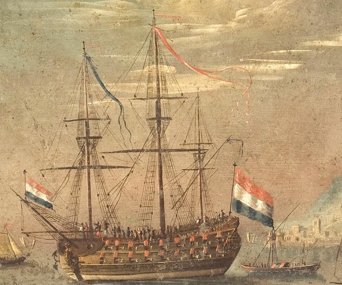 Coastal view with Dutch sailing ship.

Lacroix de Marseille School
France,  1700.
Oil on canvas 70 x 100 cm

Typical view referable to the figure of Charles-Francois Grenier de la Croix known as Lacroix de Marseille, depicting a coastal
