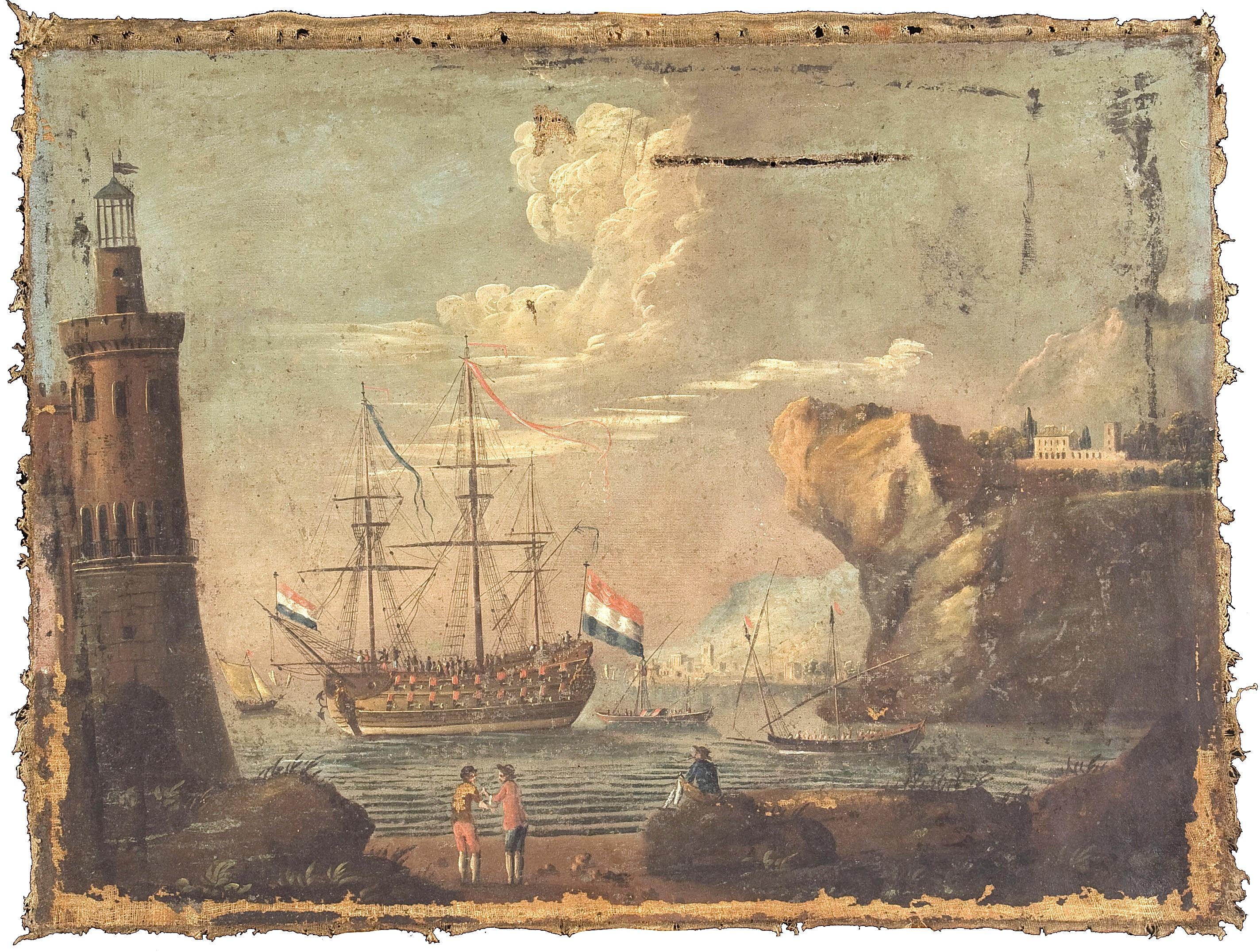 French Coastal view with Dutch sailing ship 18th century France For Sale