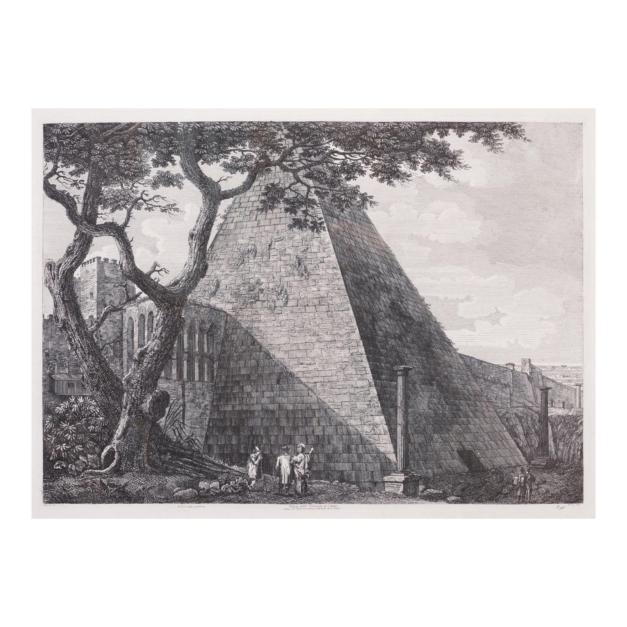 An impressively scaled copperplate engraving on laid paper of the Pyramid of Cestius in Rome which is the tomb for Caius Cestius. It is built of brick faced with marble and like other tombs situated outside the walls of Rome. The work is part of a