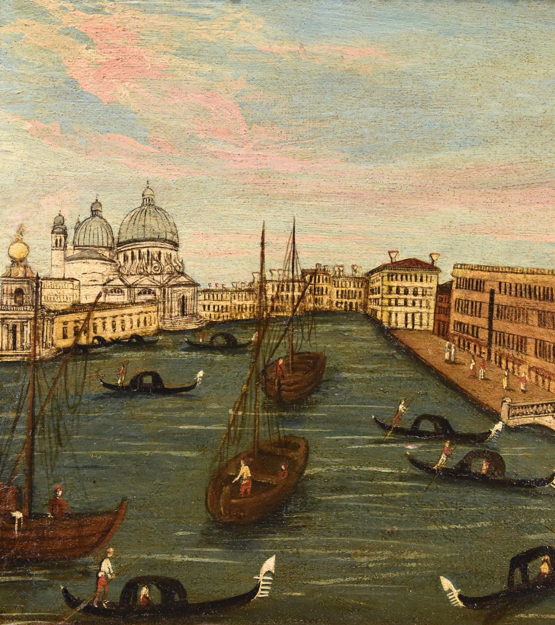 Pittore vedutista del XVIII secolo
Veduta di Venezia con il Canal Grande, la Punta della Dogana con la Basilica di Santa Maria della Salute a sinistra, il Palazzo Della Zecca con il Ponte della Pescaria e i Granai a destra

olio su tela

36 x 45