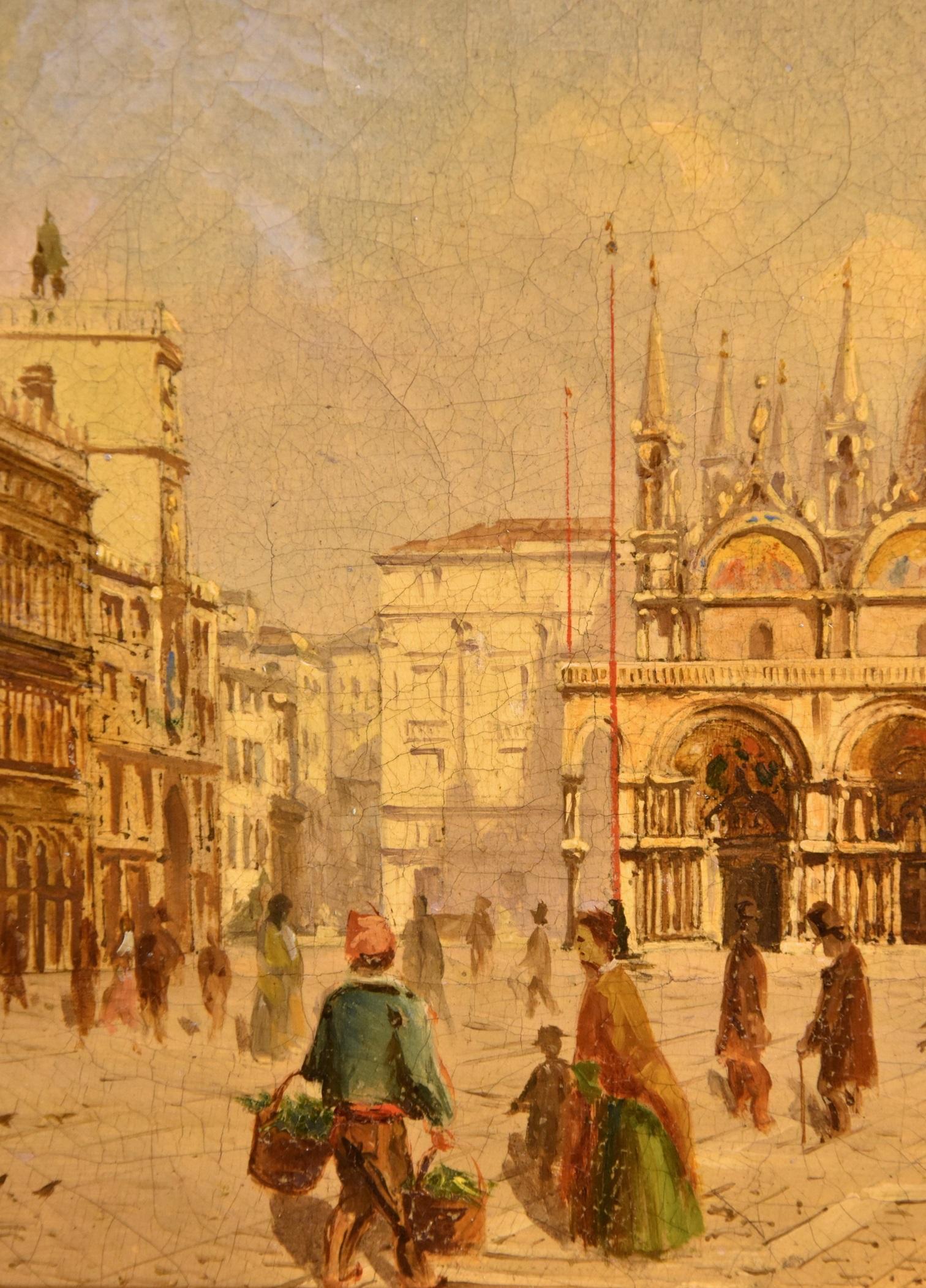 Venecia Plaza de San Marcos Pintor vedutista Siglo XIX Pintura Óleo sobre lienzo en venta 5