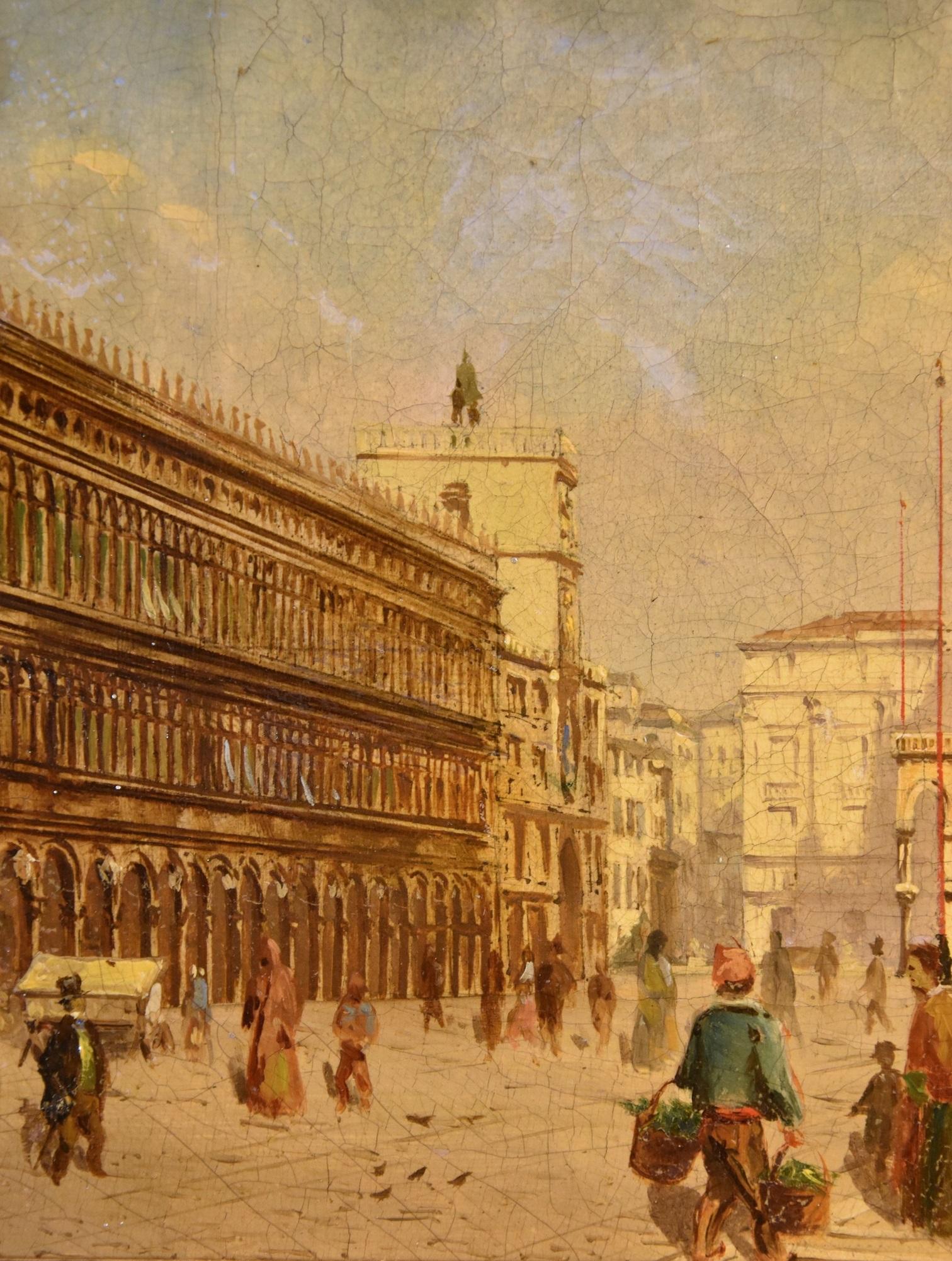 Venecia Plaza de San Marcos Pintor vedutista Siglo XIX Pintura Óleo sobre lienzo en venta 6