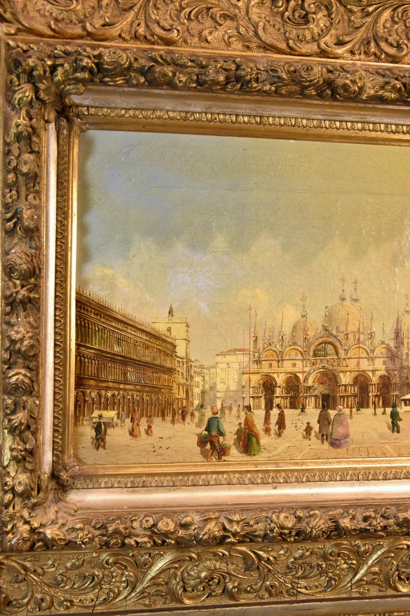 Venecia Plaza de San Marcos Pintor vedutista Siglo XIX Pintura Óleo sobre lienzo - Painting Antiguos maestros de  Vedutist Painter Of The 19th Century