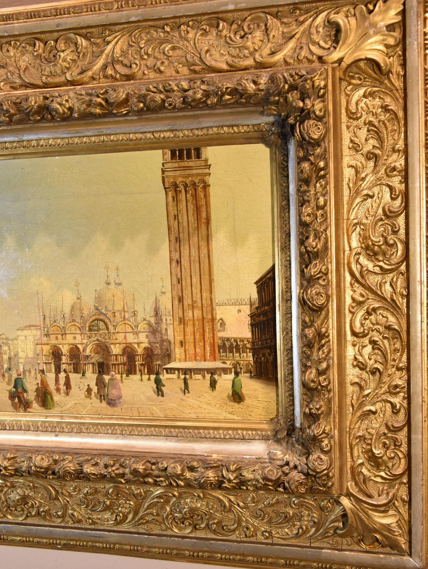 Venecia Plaza de San Marcos Pintor vedutista Siglo XIX Pintura Óleo sobre lienzo - Landscape Painting Beige de  Vedutist Painter Of The 19th Century