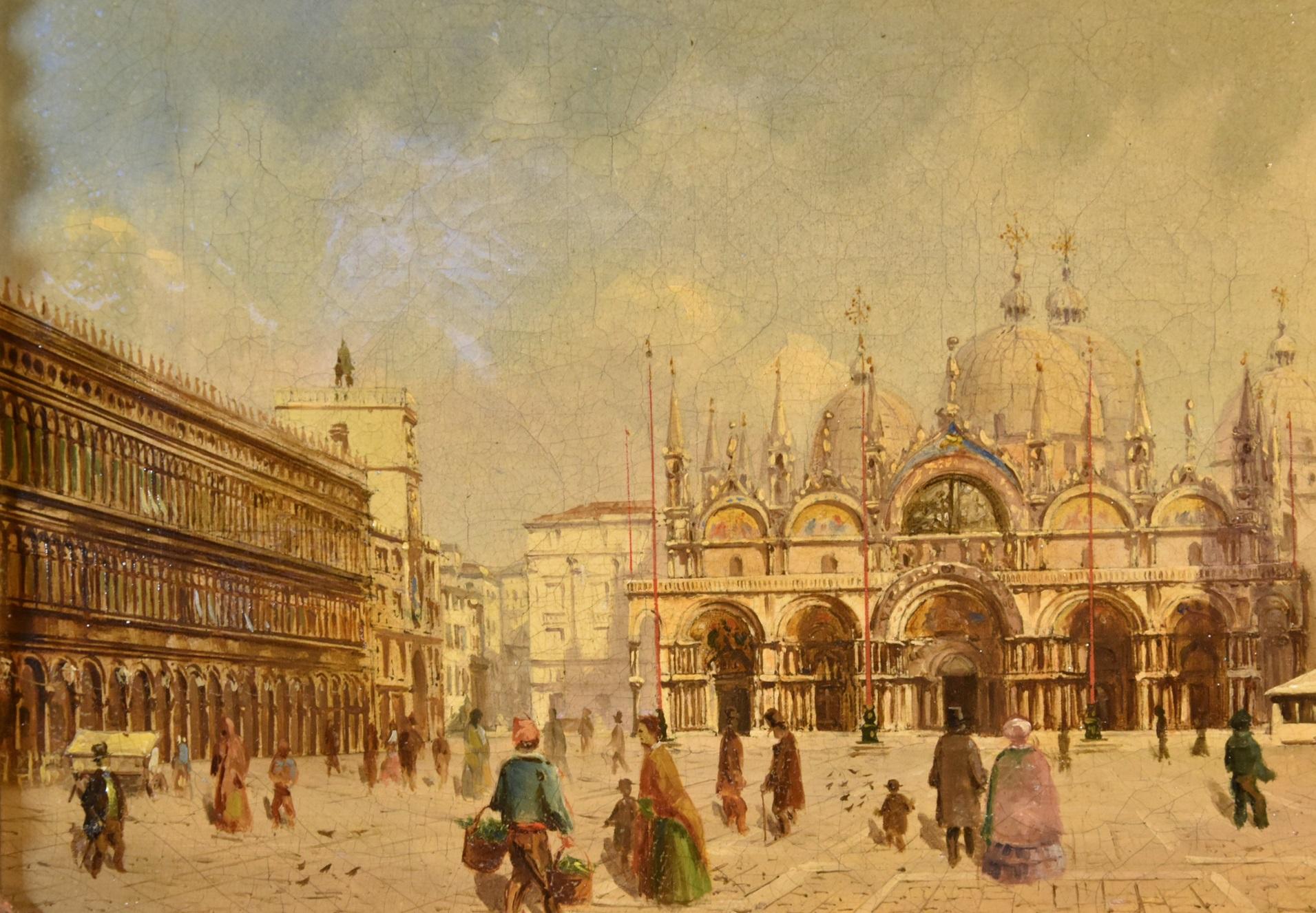 Pintor vedutista del siglo XIX
Vista de Venecia con la plaza de San Marcos hacia la basílica

óleo sobre lienzo
23 x 32 cm - con marco de época 43 x 53

La vista propuesta capta la belleza y majestuosidad de uno de los lugares más emblemáticos de
