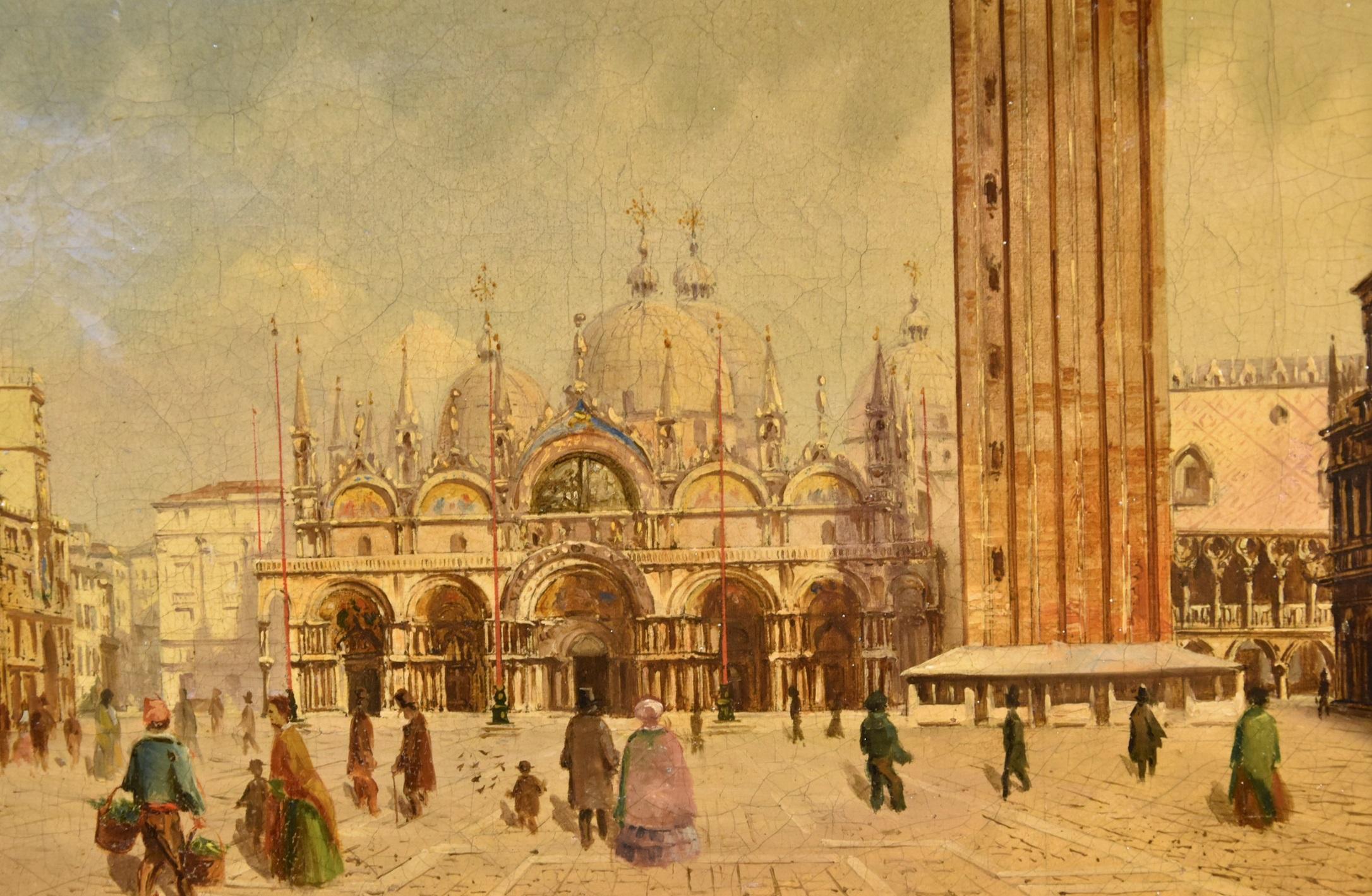Venecia Plaza de San Marcos Pintor vedutista Siglo XIX Pintura Óleo sobre lienzo en venta 1