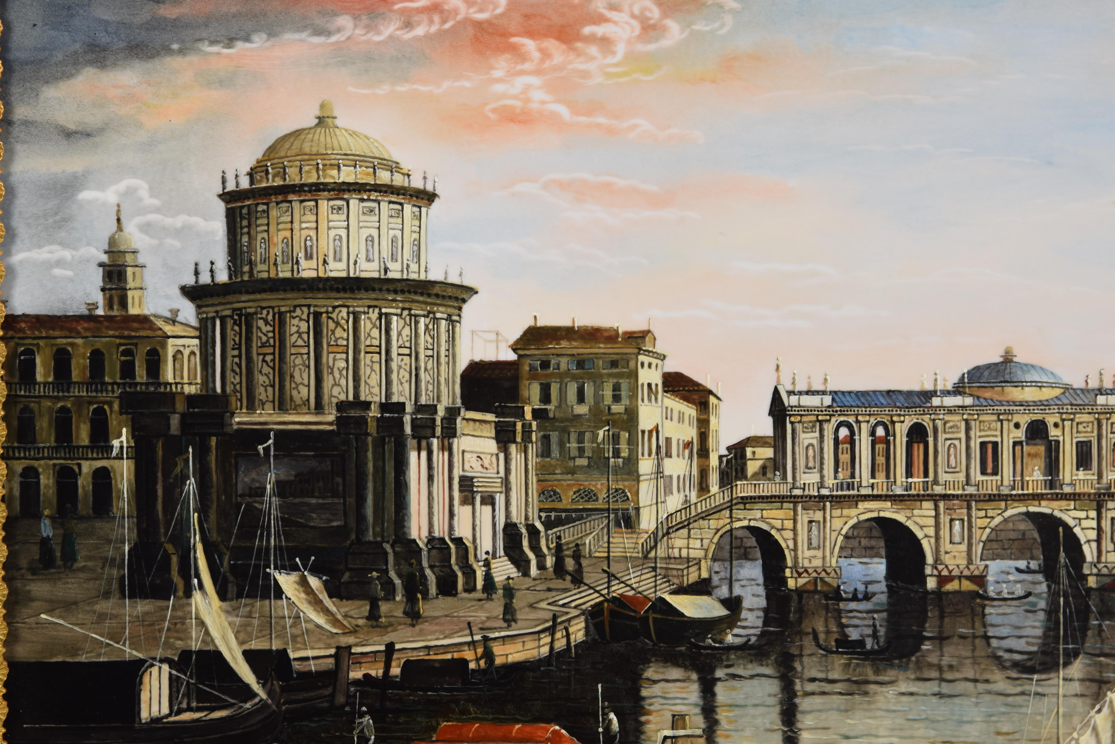 Neoclassical Revival Vedutte or Venetian Scene, Plaque, Oil on Porcelain For Sale