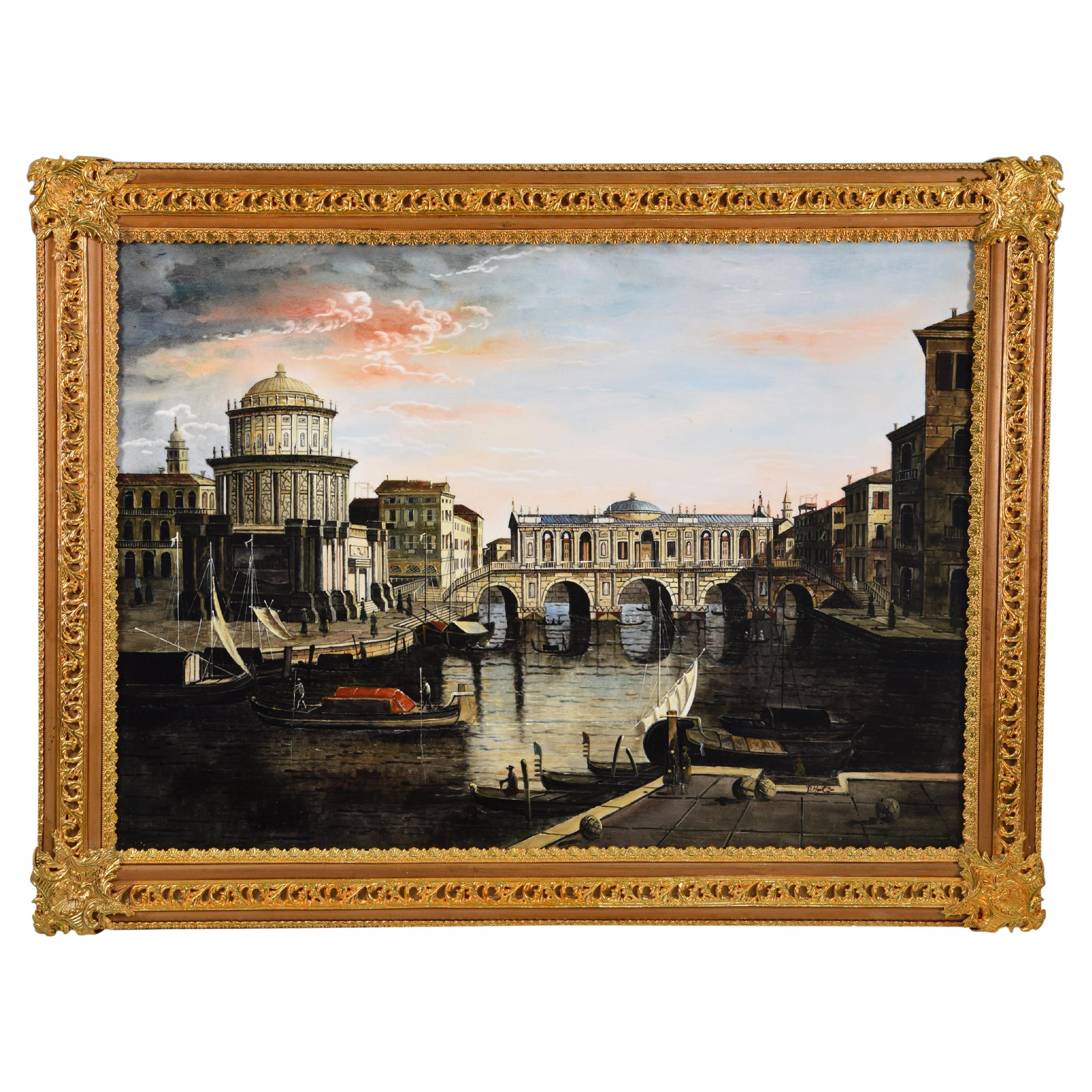 Venezianische Szene, Plakette, Öl auf Porzellan, Used
