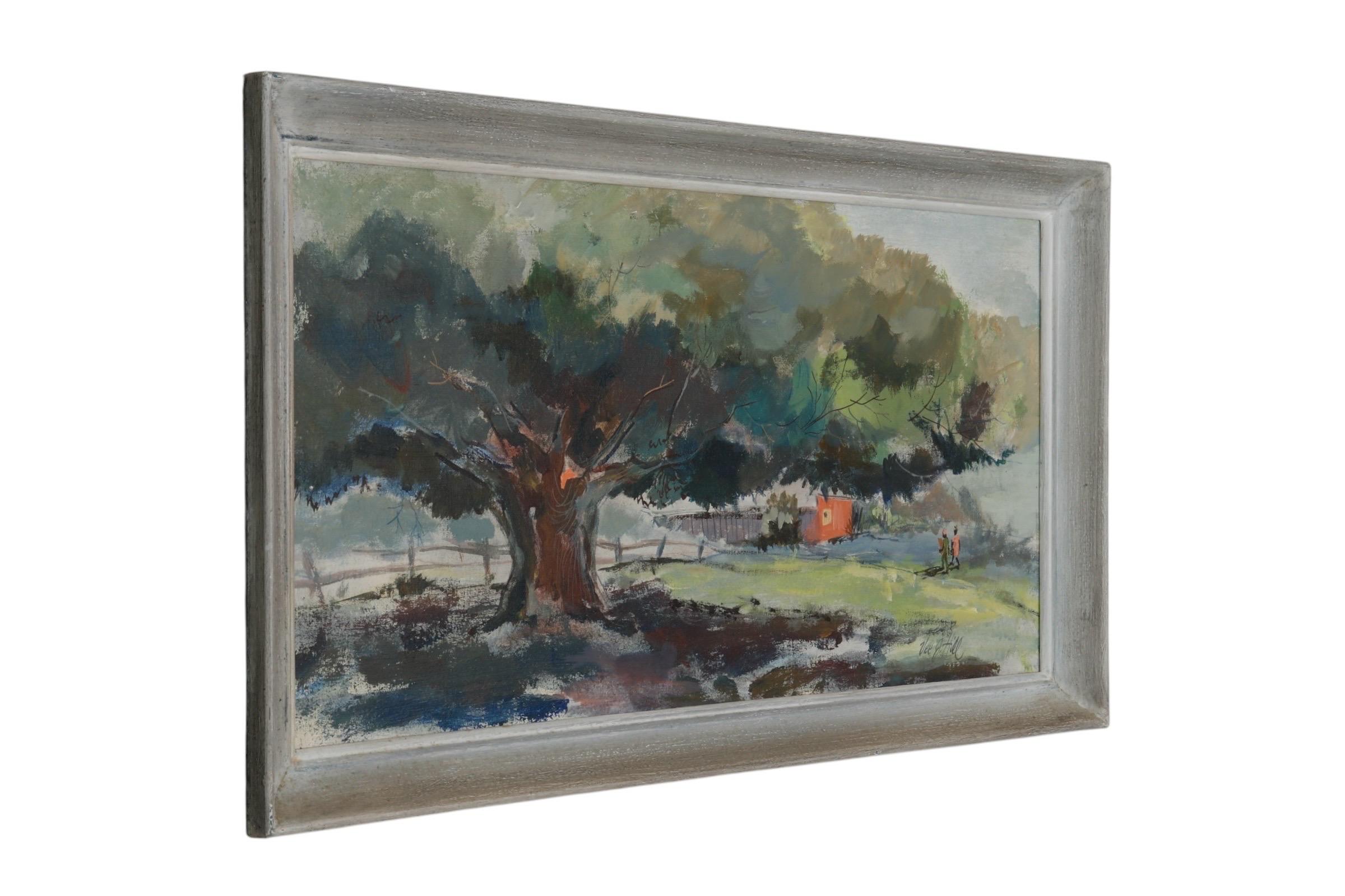 Ein Original-Öl auf Karton der Künstlerin Vee J. Hill aus der Mitte des Jahrhunderts, rechts unten signiert. Zeigt einen großen Baum in der Landschaft von Sarasota, Florida. In den originalen konkav bemalten Holzrahmen eingefasst. Auf der Rückseite