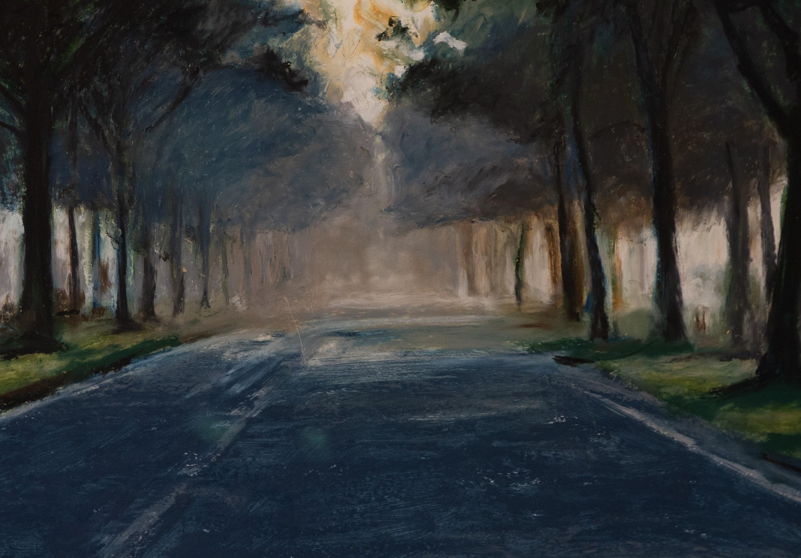 Oil pastel on paper landscape of a road with trees on both sides - Black Landscape Painting by Veerle Meeussen