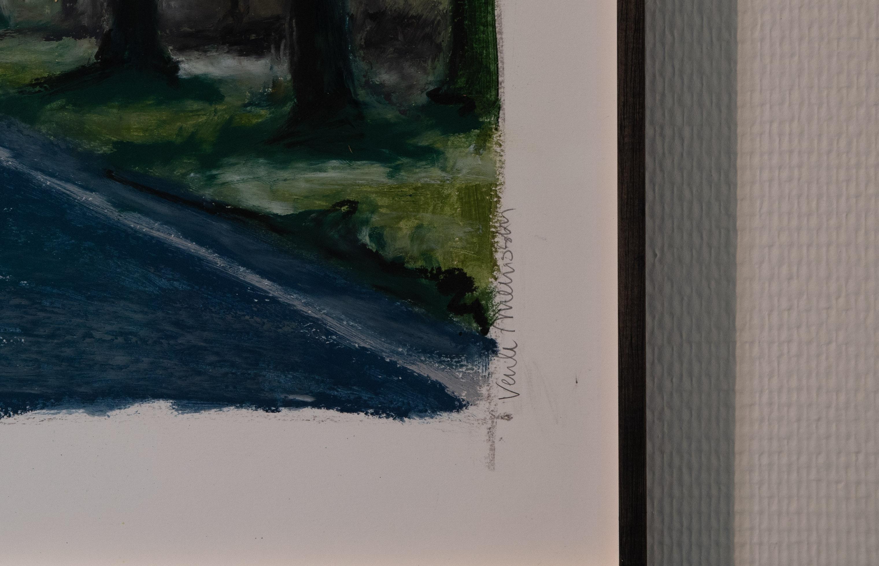 Oil pastel on paper landscape of a road with trees on both sides. The title is: As things faded this morning, I just panicked (2024)