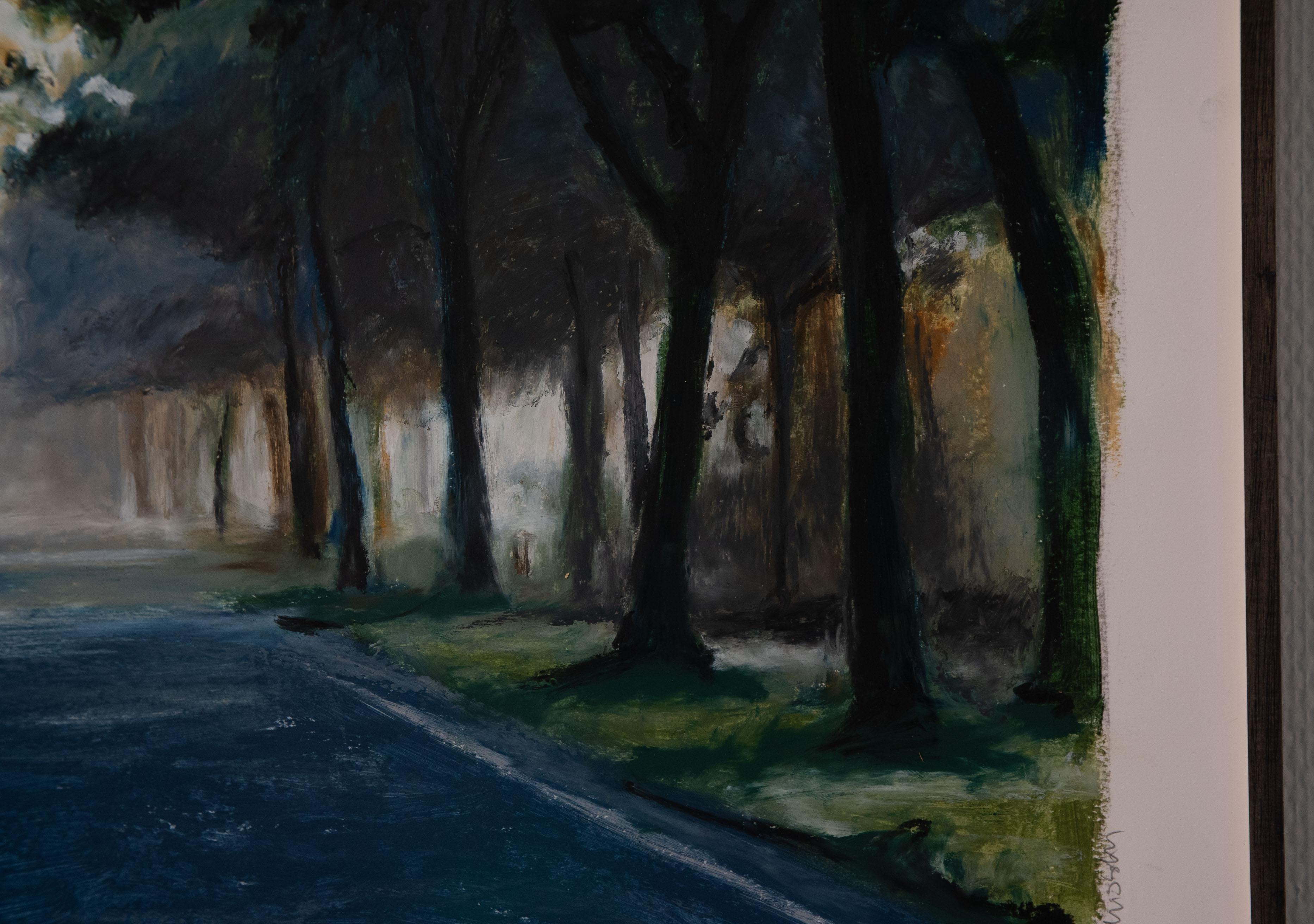Oil pastel on paper landscape of a road with trees on both sides For Sale 1