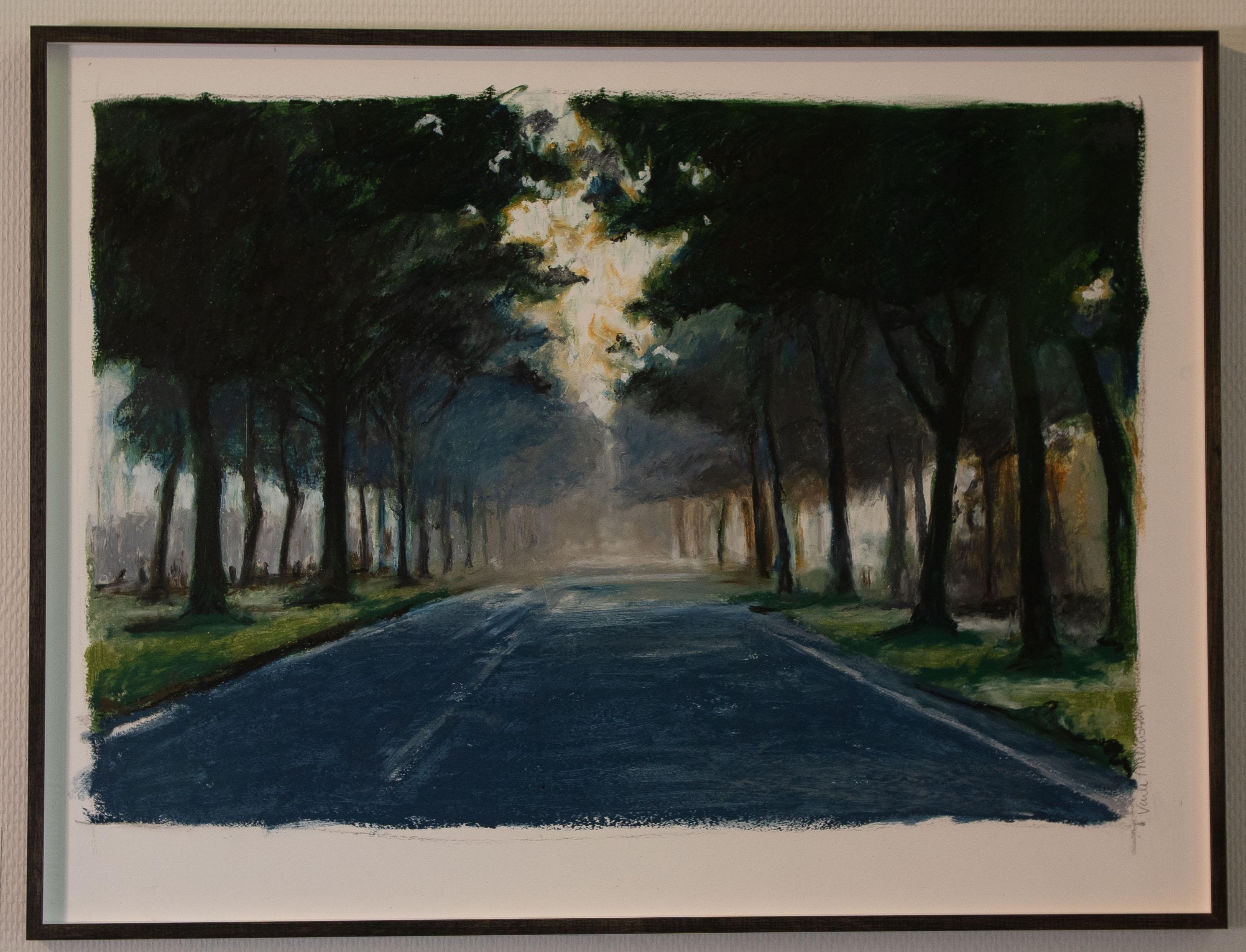 Veerle Meeussen Landscape Painting - Oil pastel on paper landscape of a road with trees on both sides