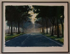 Oil pastel on paper landscape of a road with trees on both sides