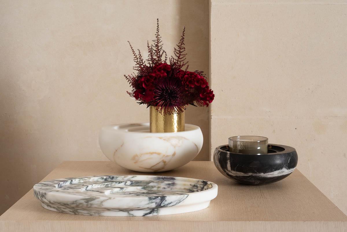 Carved Vega bowl wide marble Flower vase and Candleholder  For Sale