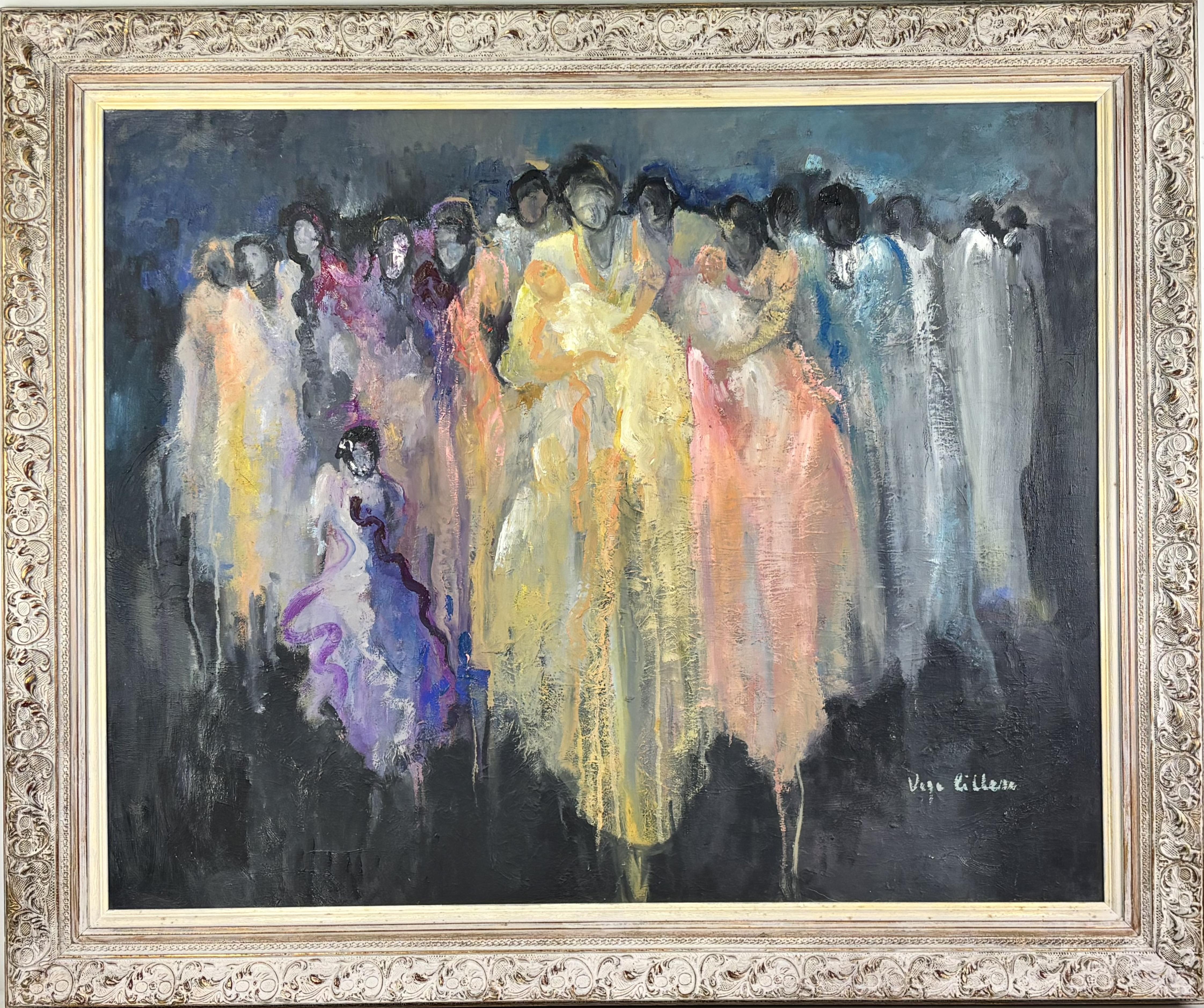 Women and Children, Expressionist Oil on Canvas by Vega Cillero
