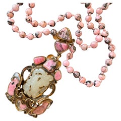 Vega Maddux Pink Jasper & Jade Enamel Necklace with Carved Jade Pendant