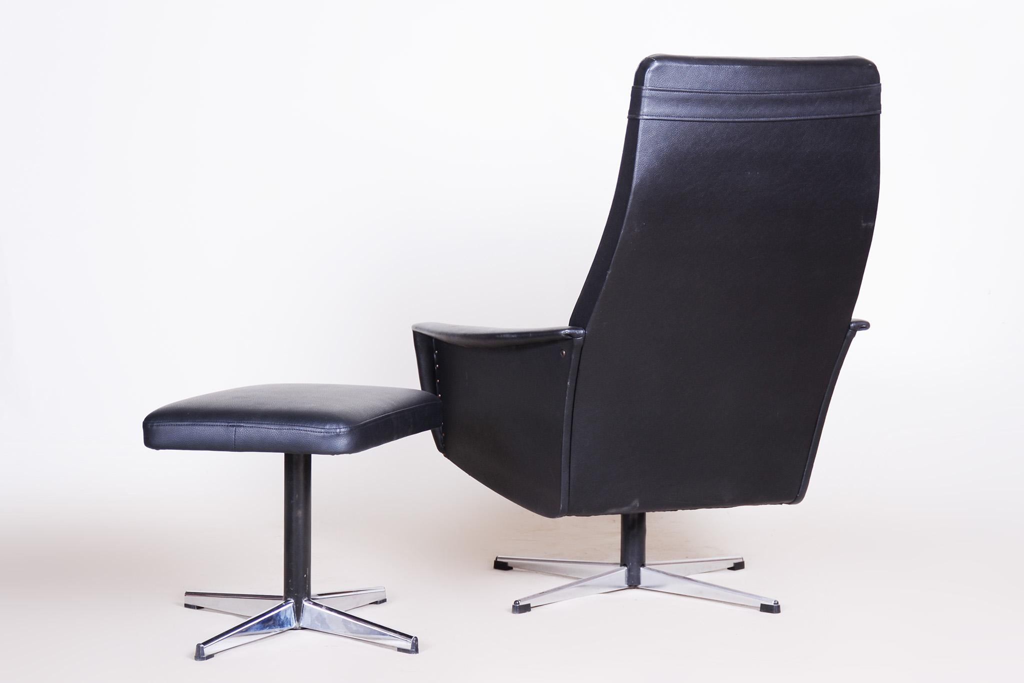 Vegan Leather Bauhaus Swivel Chair with Foot Stool, Made in 1960s Czechia For Sale 2