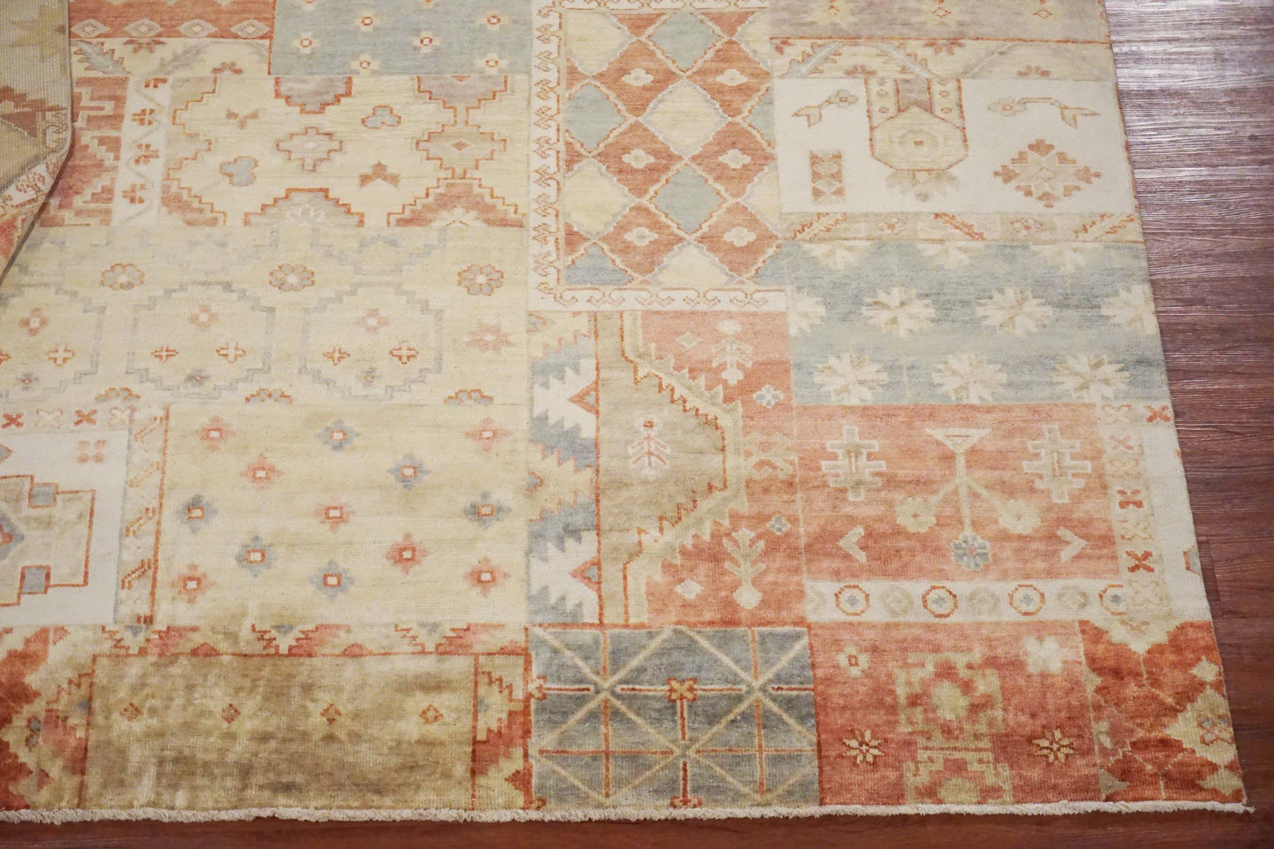 Hand-Knotted Vegetable Dyed Patchwork Oushak For Sale