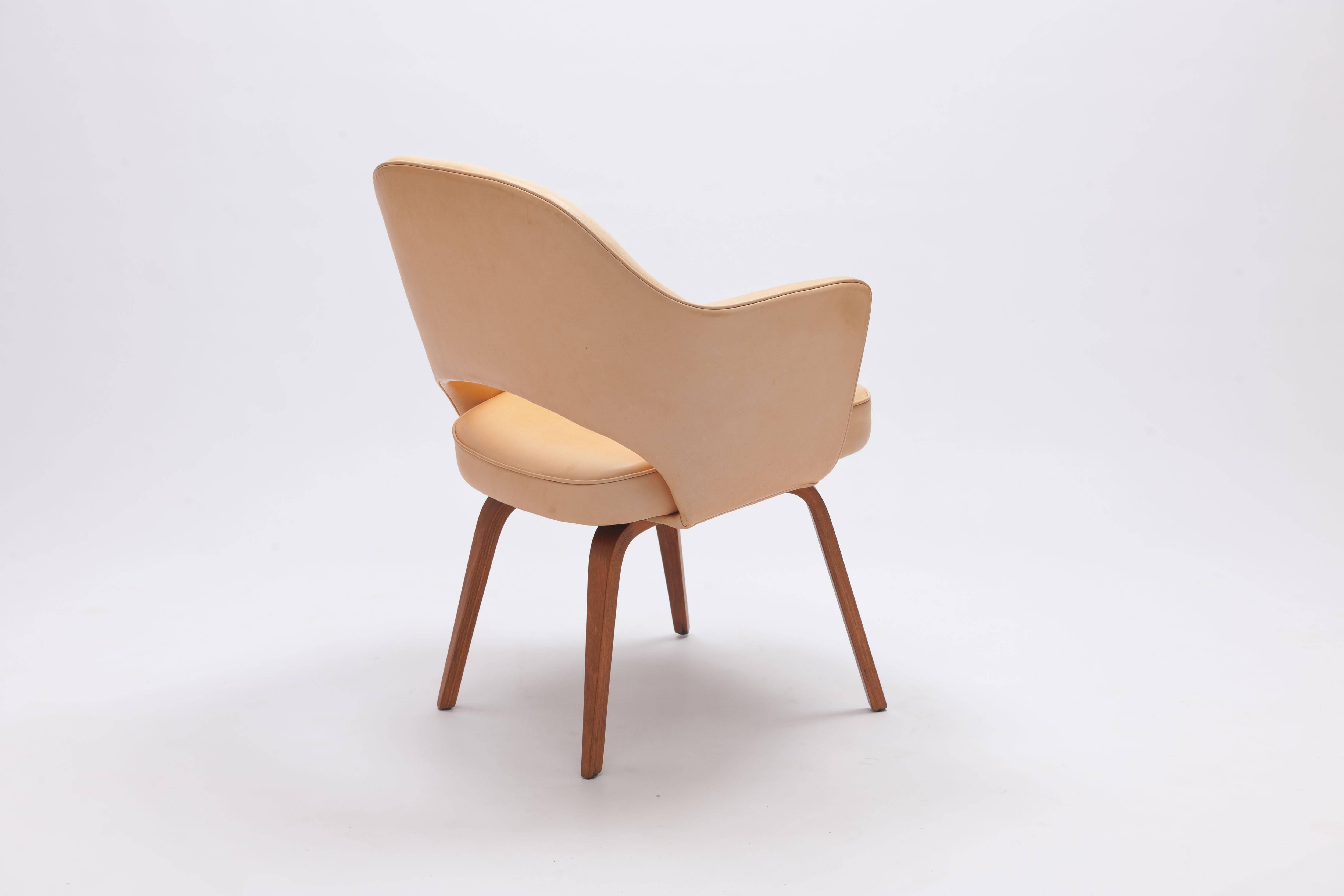 Belgian Vintage Leather Eero Saarinen, Knoll Conference Armchair with Wooden Legs