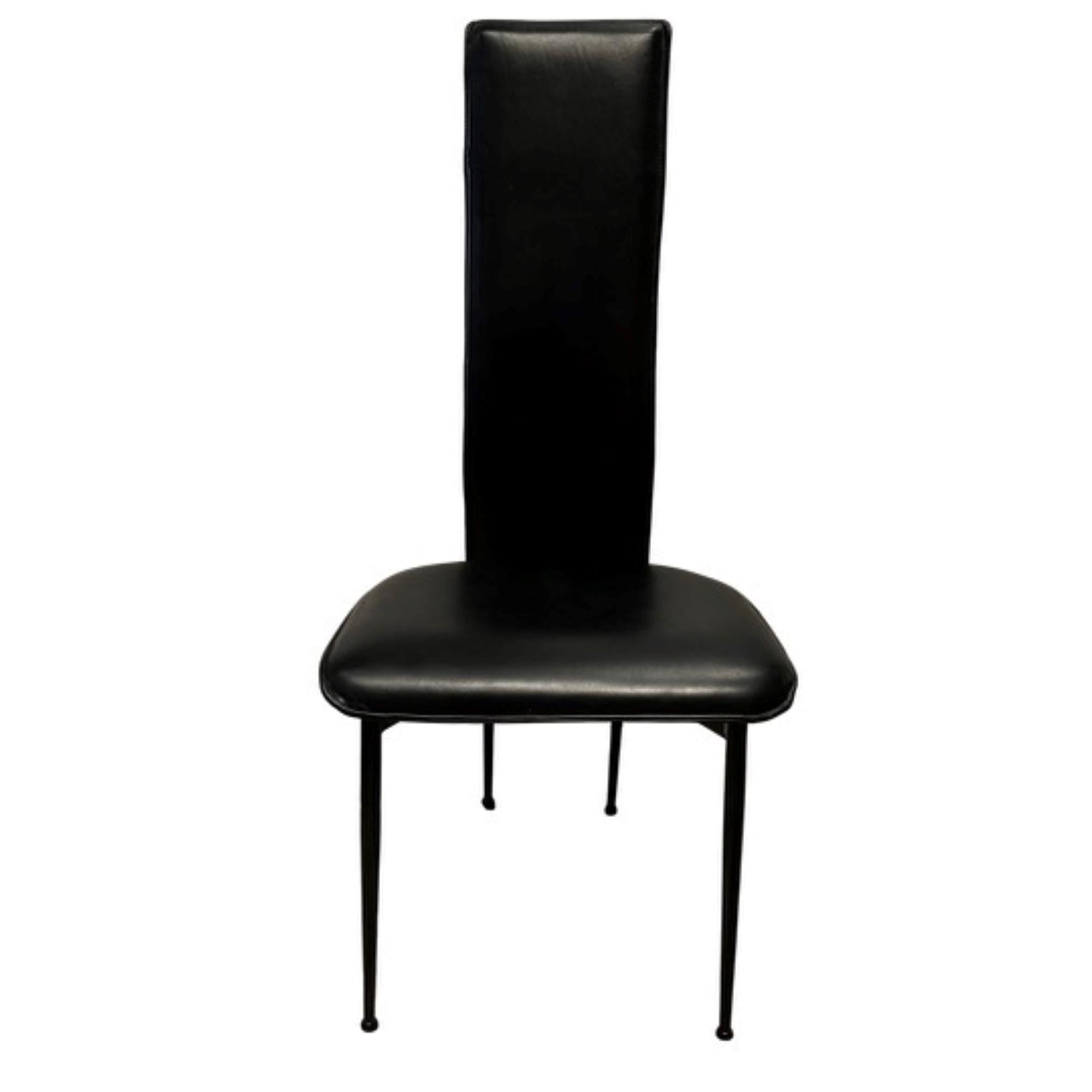 Giancarlo Vegni for Fasem International.
Set of 6 Black Leather Dining Chairs with Black Metal Hardware.
Made in Italy
1980's
2 Chairs with Arm Rests
4 Chairs without Arm Rests
Mid-Century Modern

Giancarlo Vegni was born in 1949. He studied