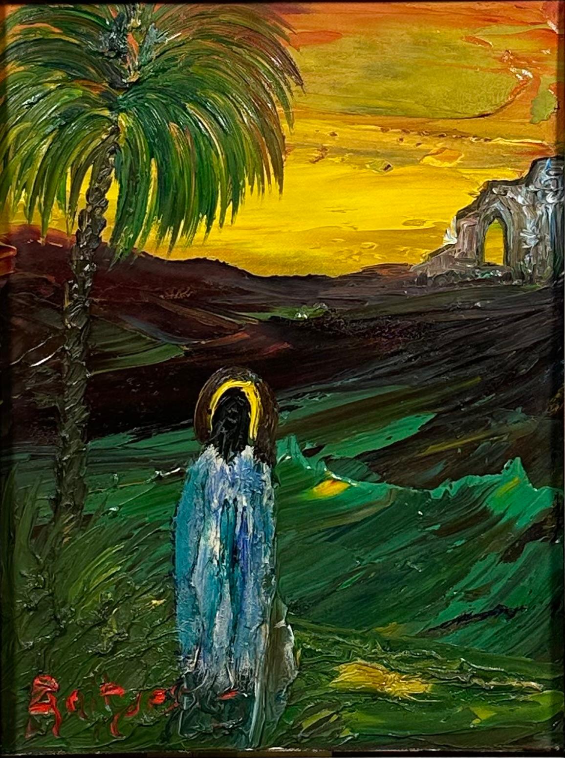 Veikko Aaltona, pittura  Figura vicino a una palma Firmato In condizioni buone in vendita a Paris, FR