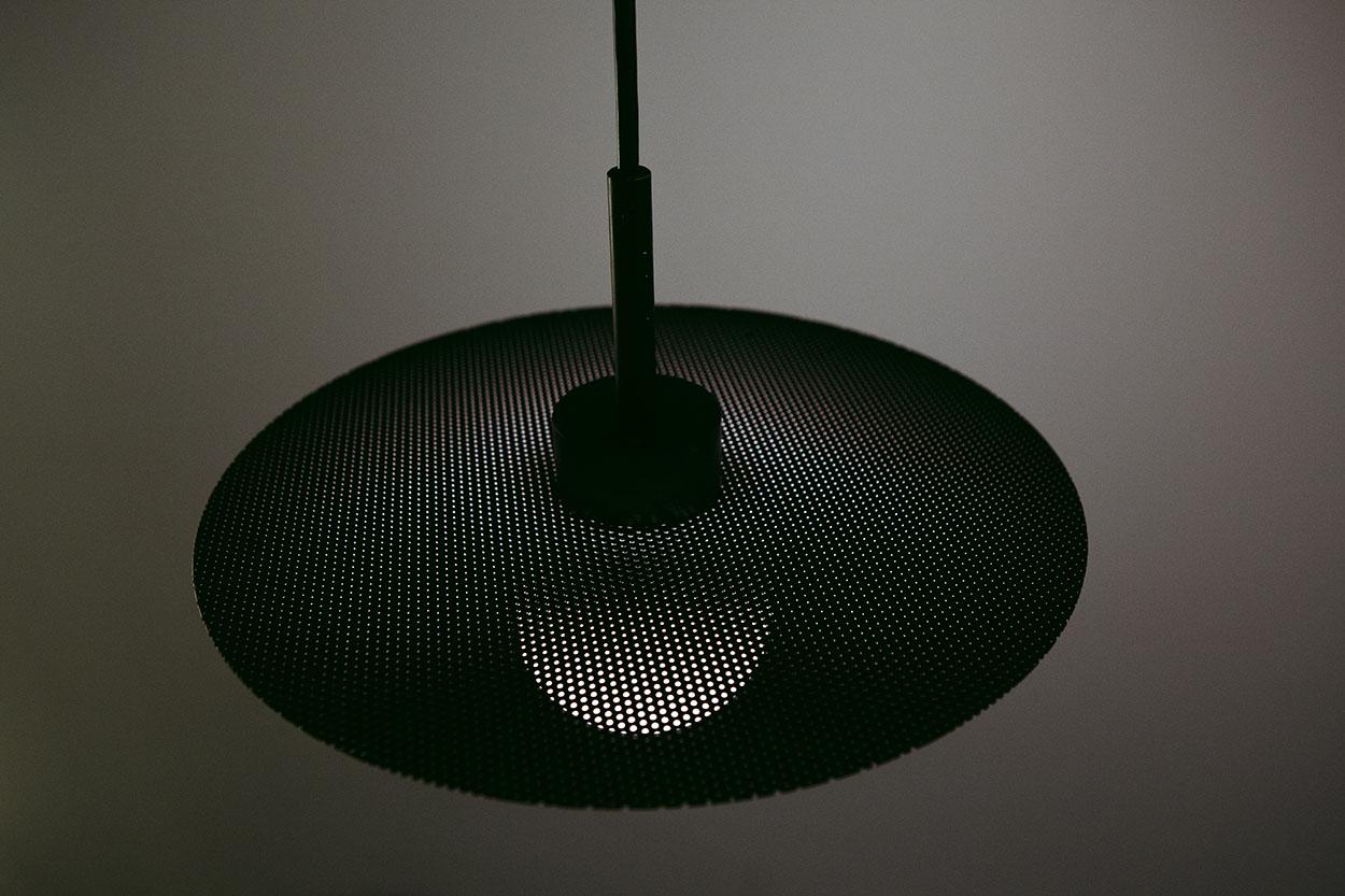 Powder-Coated Veil Pendant, Modern Perforated Metal and Glass Pendant For Sale
