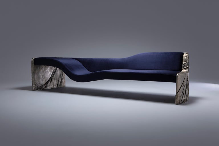 Cast white bronze and silk velvet bench. Veiled Chaise is the debut artwork by Linda Boronkay in collaboration with Charles Burnand Gallery. This piece is the embodiment of Boronkay’s approach to design and personal aesthetic; elegant, powerful, raw