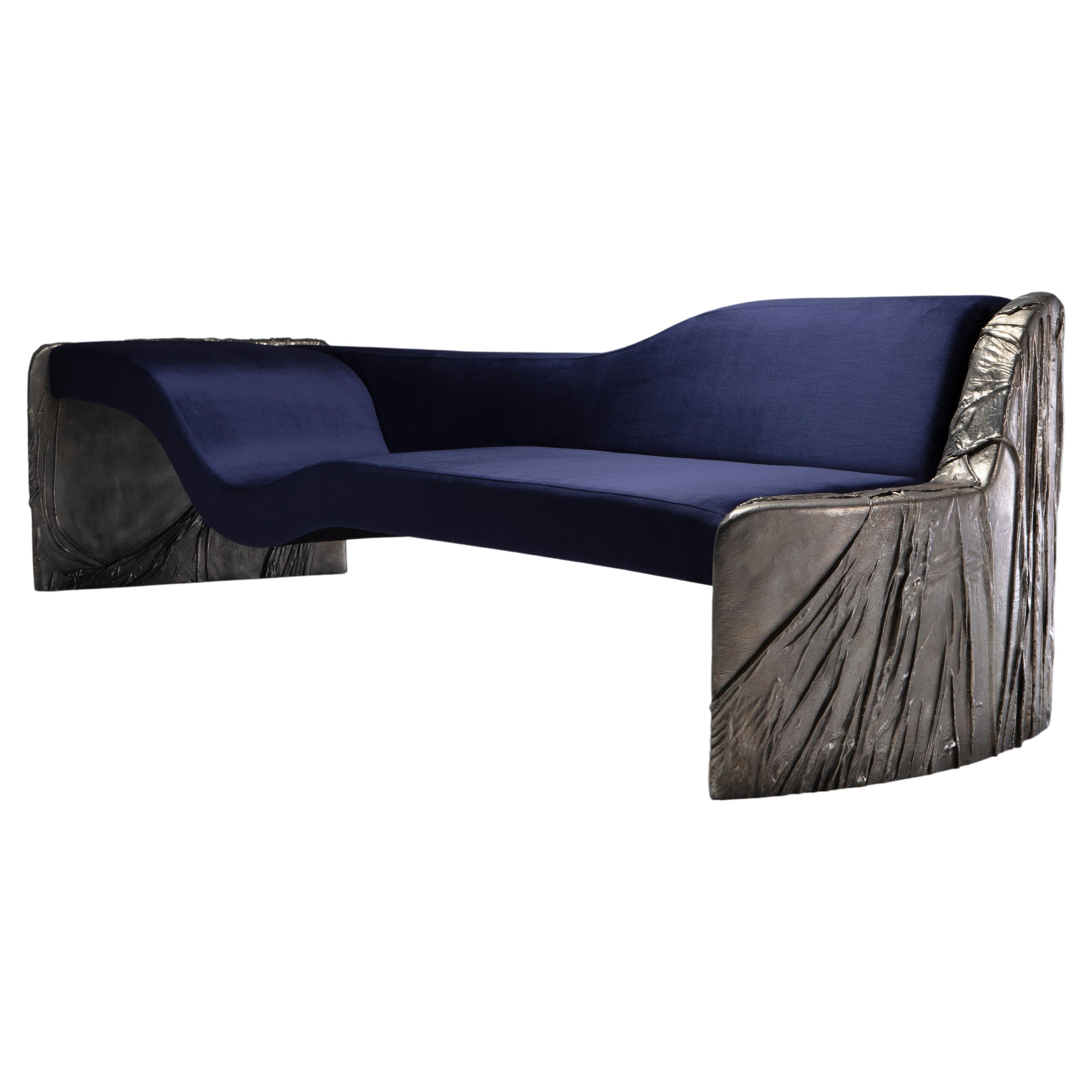 White Bronze and Blue Velvet Chaise Lounge
