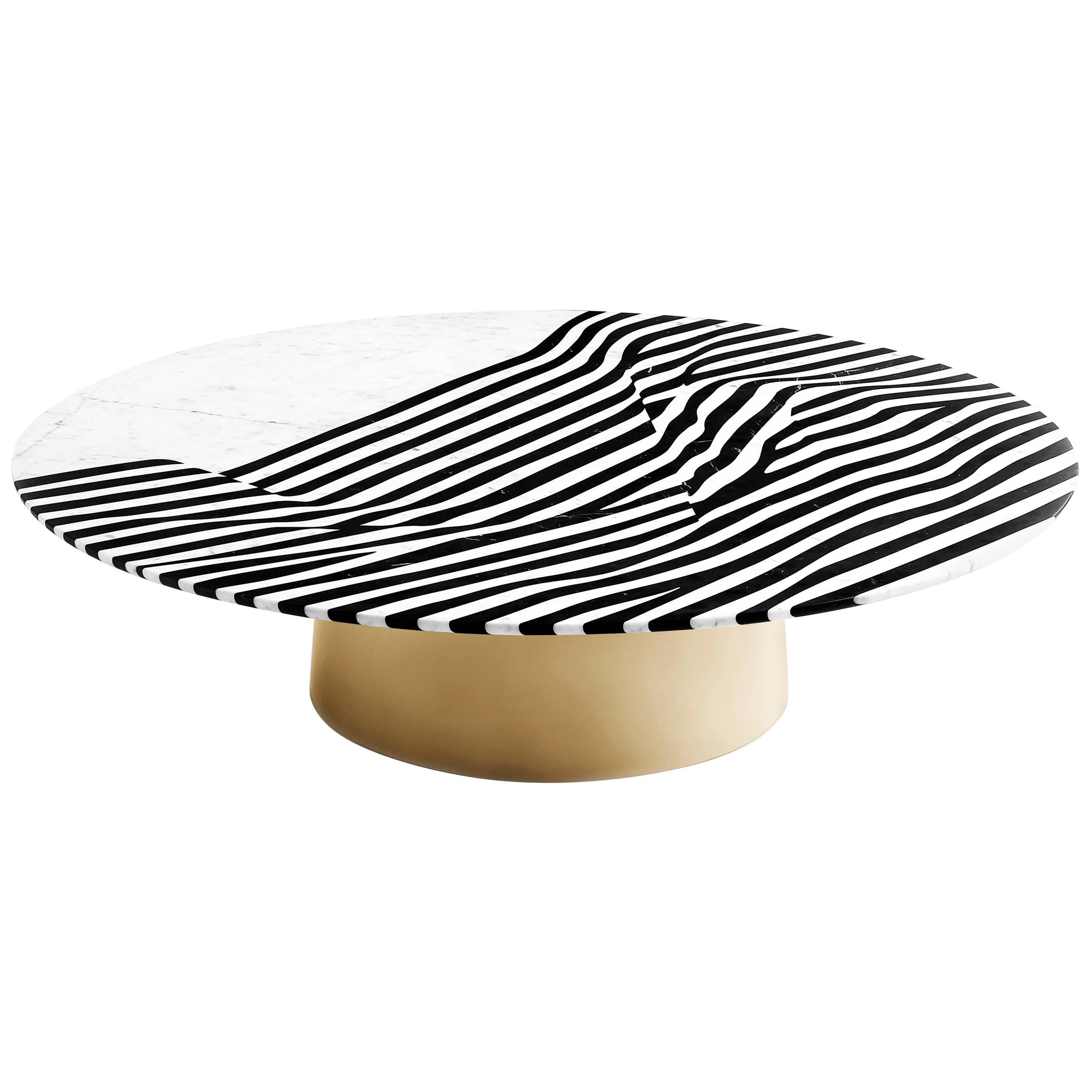 Veiled Coffee Table, Nero Marquinia and Carrara Marble Inlays, Brass Base For Sale