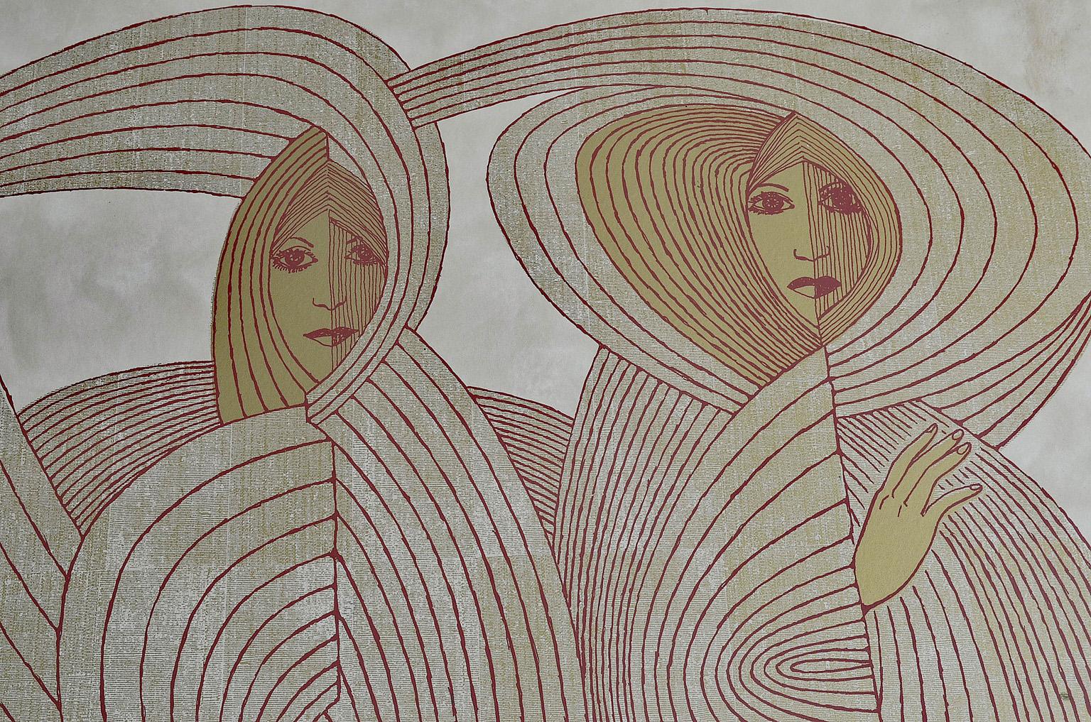 The veiled virgins room divider or wall covering by Jack Denst, 1976.
This vintage room divider or wall covering titled The Veiled Virgins, designed and produced by Jack Denst USA in Chicago in 1976, is made of wallpaper on fiberboard.
Marked: