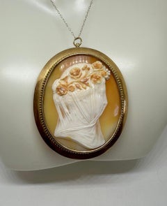 Veiled Woman Goddess Cameo Pendant Brooch Necklace 14K Gold Museum Quality 2.5"