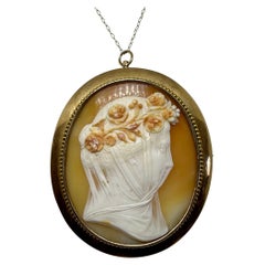 Veiled Woman Goddess Cameo Pendant Brooch Necklace 14K Gold Museum Quality 2.5"