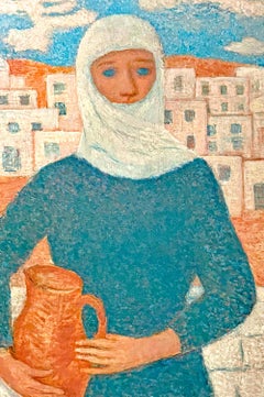 "Veiled Woman with Jug", North African Scene in White & Blue by Julius Bloch