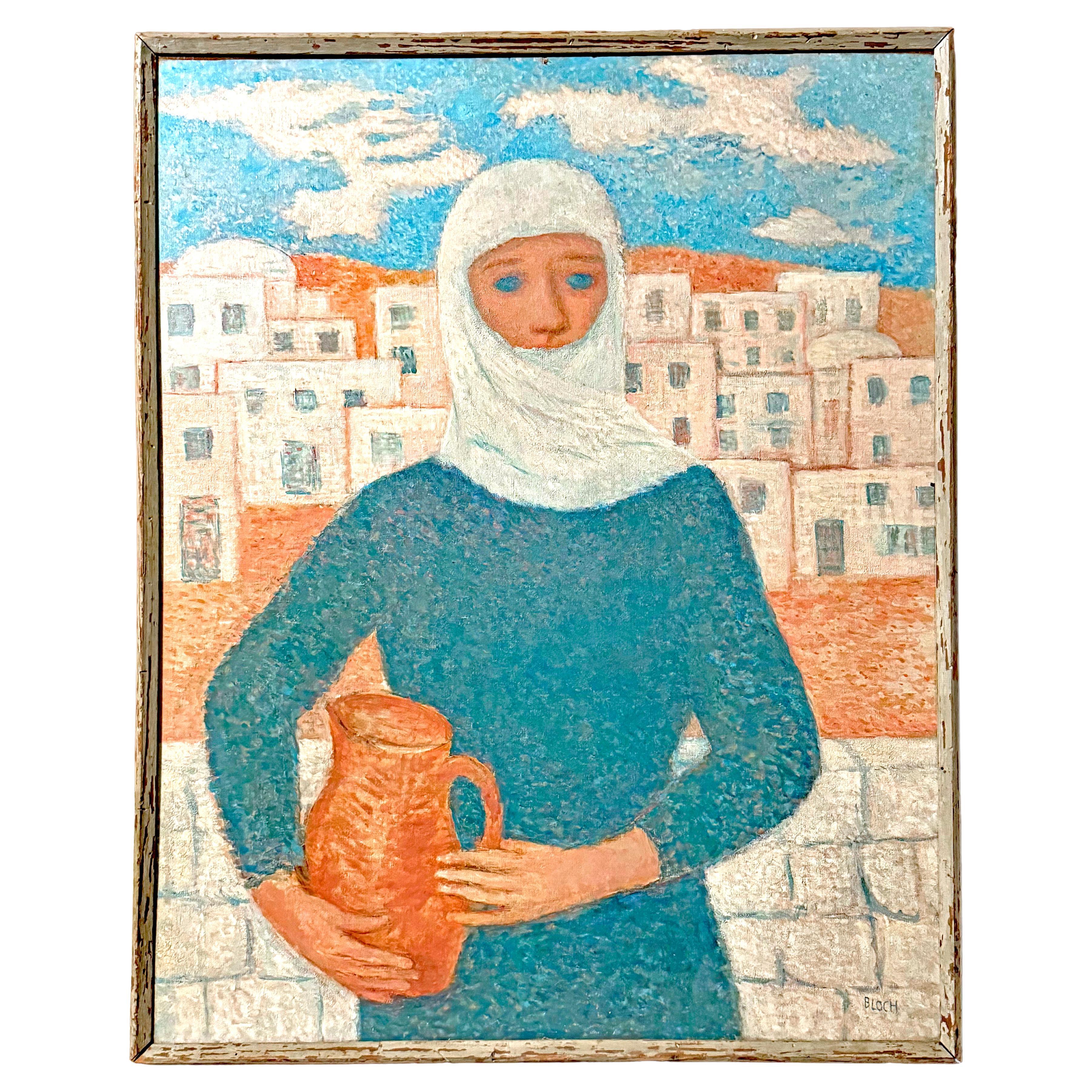 "Veiled Woman with Jug", North African Scene in White & Blue by Julius Bloch For Sale