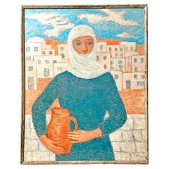 "Mujer velada con jarra", Escena norteafricana en blanco y azul de Julius Bloch