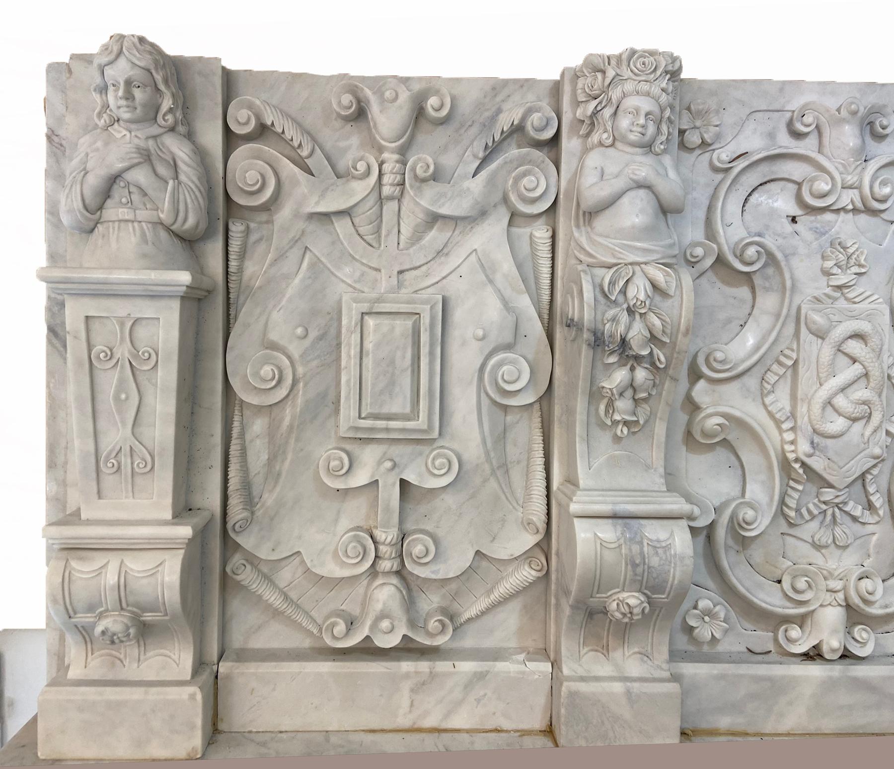 Renaissance Revival Veined Carved Marble Mantel Piece For Sale