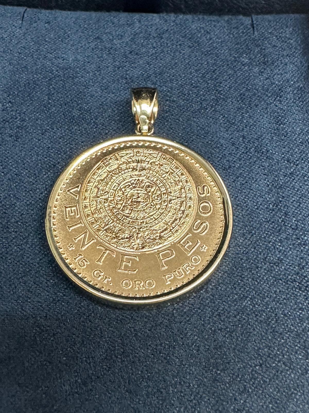 Women's or Men's Veinte Pesos Gold Coin Necklace with Polished Bezel 14k Yellow Gold For Sale