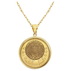 Veinte Pesos Gold Coin Necklace with Polished Bezel 14k Yellow Gold