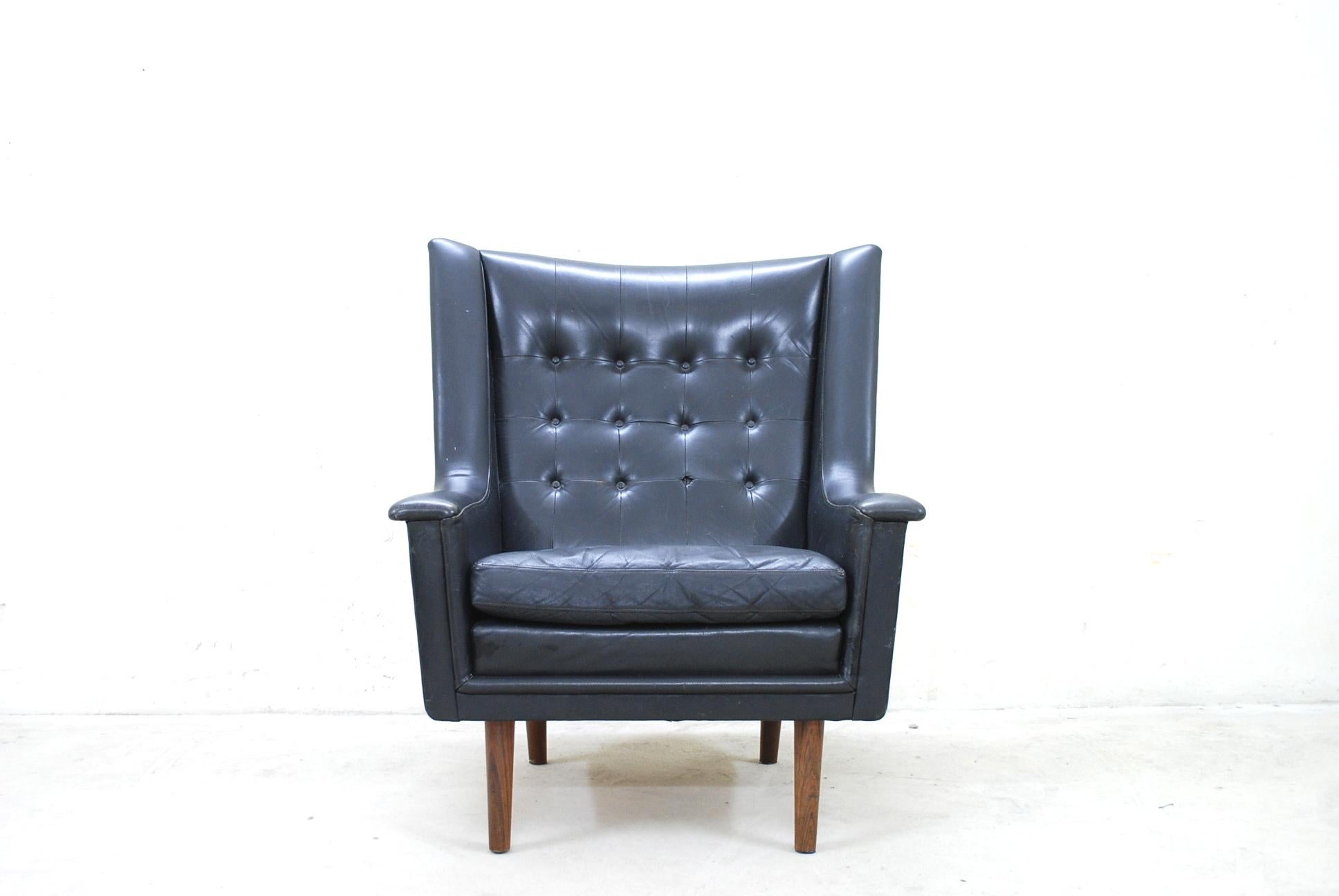 Danish Vejen Polster Mobelfabrik Papa Bear Wingback Black Leather Lounge Chair For Sale