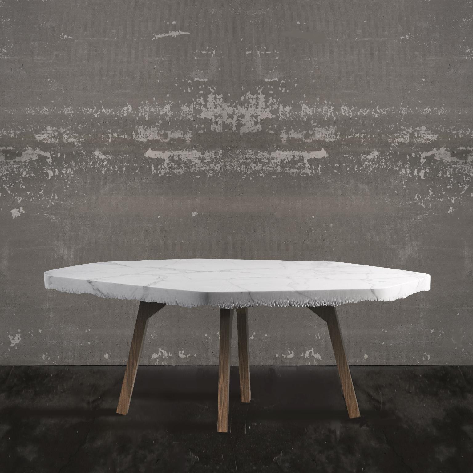 Velato Dining Table in Calacatta Marble & Chestnut Wood by Bufalini Marmi
Dimensions: D 110 x W 200 x H 72 cm. 
Materials: Calacatta marble and chestnut wood.

The tabletop is available in Calacatta and Carrara marble options. The legs are available